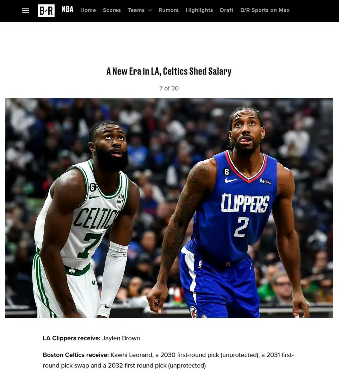 BleacherReport模拟将伦纳德和杰伦布朗进行互换交易。快船送出：伦