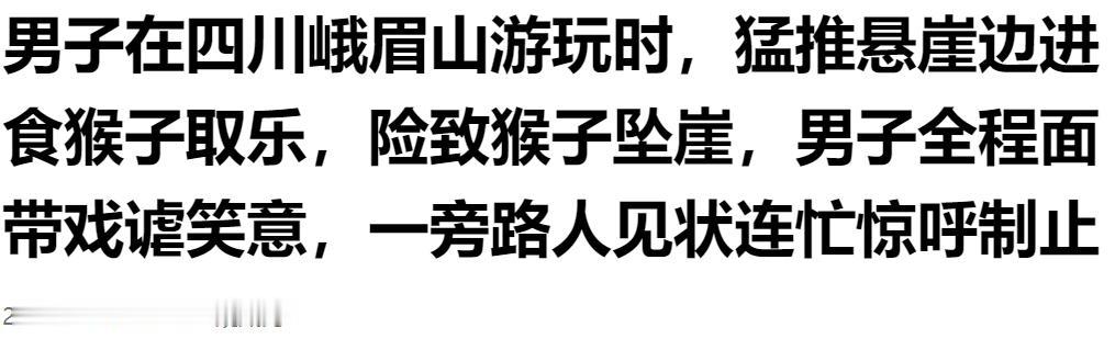 毫无素质！男子峨眉山故意猛推悬崖边猴子取乐，险些让猴子坠崖。一只猴子在悬崖边