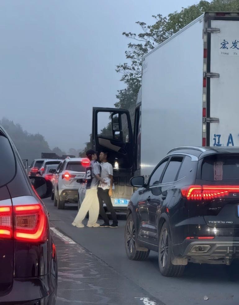 堵车了好多车从应急车道过，然后大车司机就把应急车道占了半个，后面车过来让大车司机