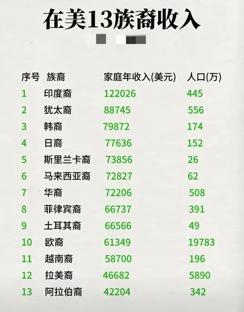 想不到在美国的印度裔，收入是最高的外来群体。甚至犹太裔都不如印度裔收入高，值得佩
