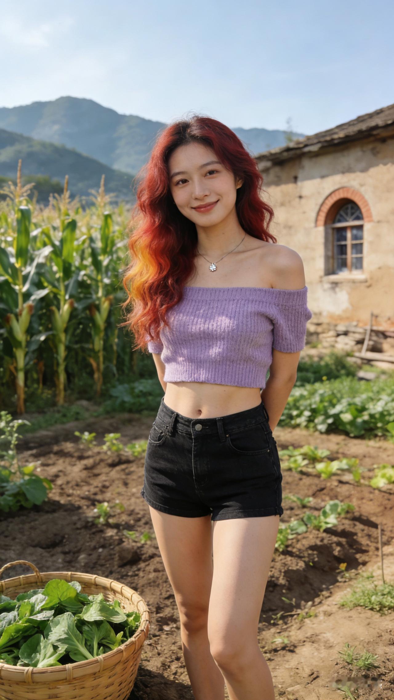 基础描述：一位年轻的东亚女性，留着渐变红棕的长卷发，面带温柔微笑，站在乡村菜园