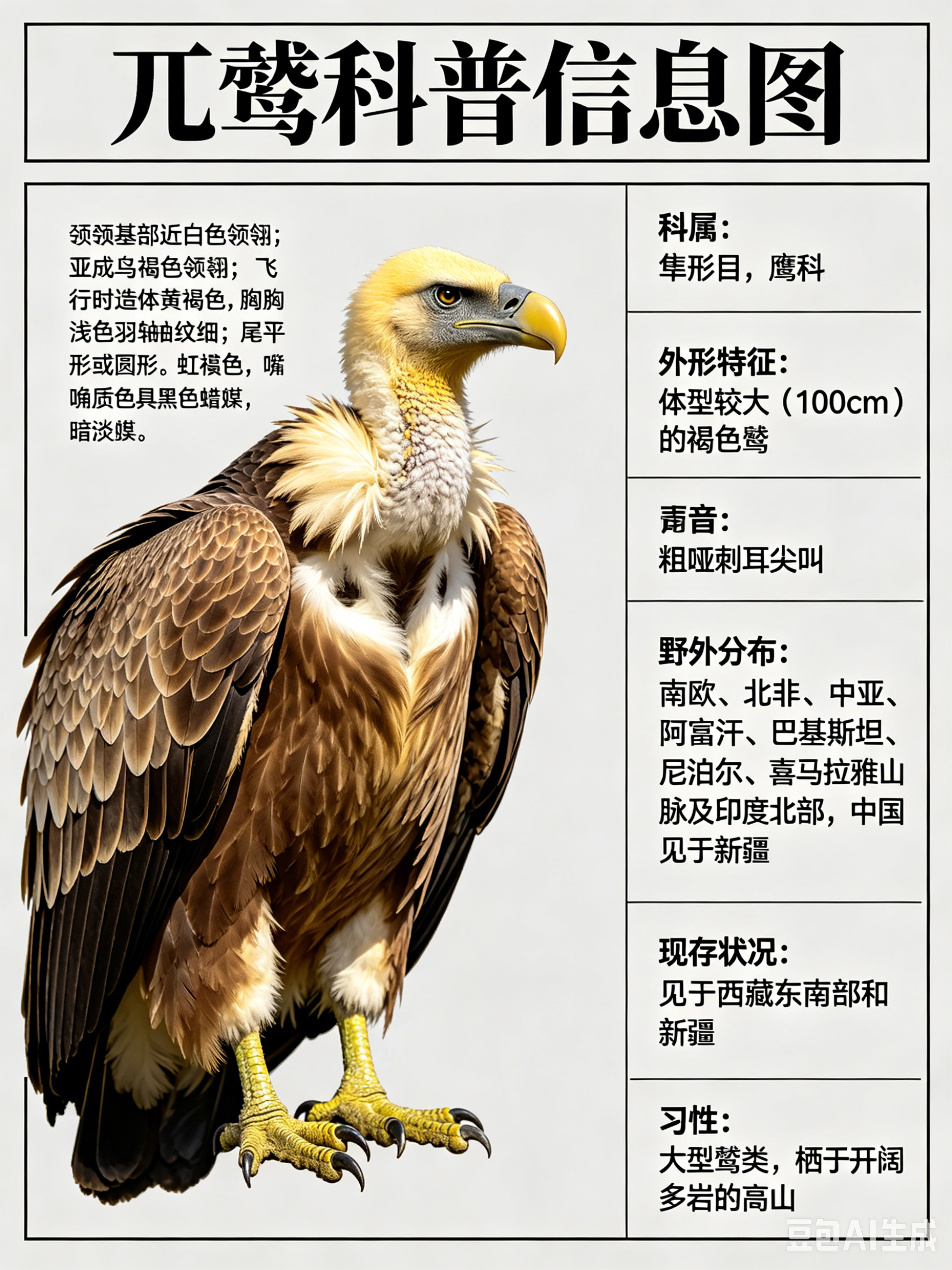 鸟类朋友图鉴兀鹫·科属：隼形目，鹰科。·外形特征：体型较大（100cm）的褐色