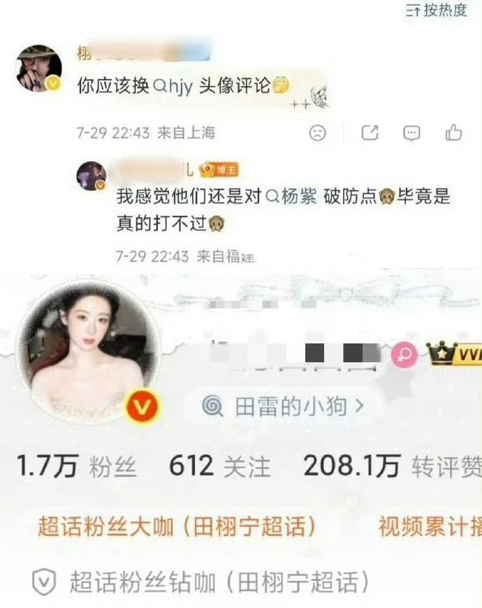 田雷粉巴粉打架，田大粉把头像换成了杨紫的，紫家收到赘婿咯