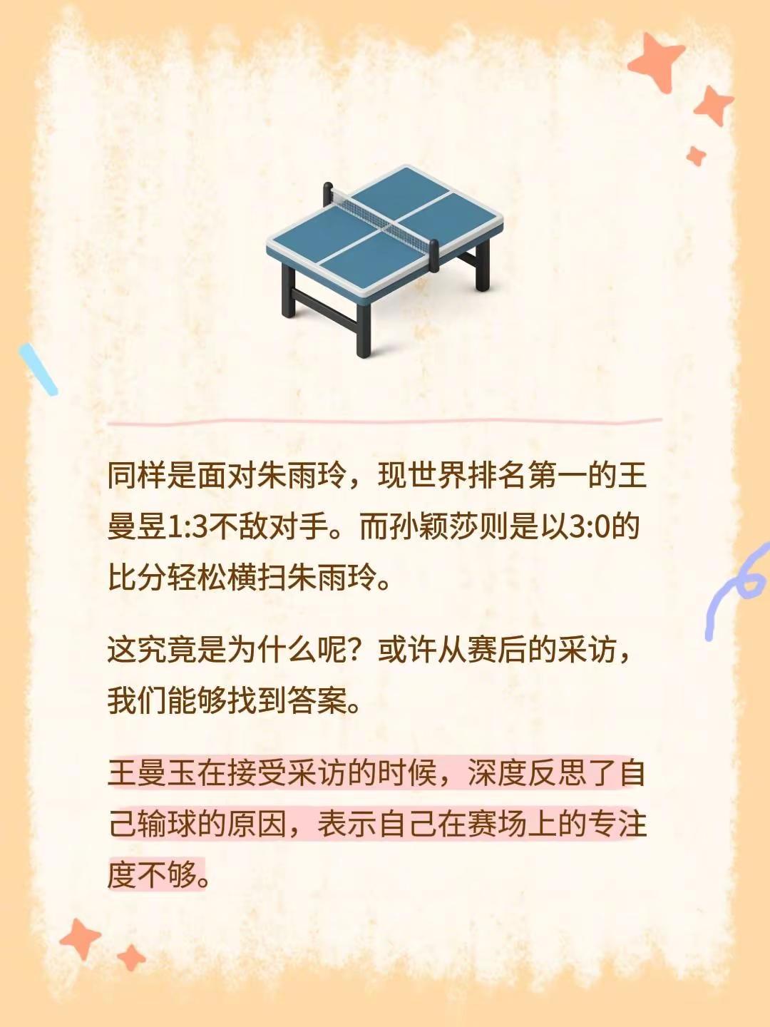 同样是面对朱雨玲，现世界排名第一的王曼昱1:3不敌对手。而孙颖莎则是以3:0的比分轻松横扫朱雨玲。这