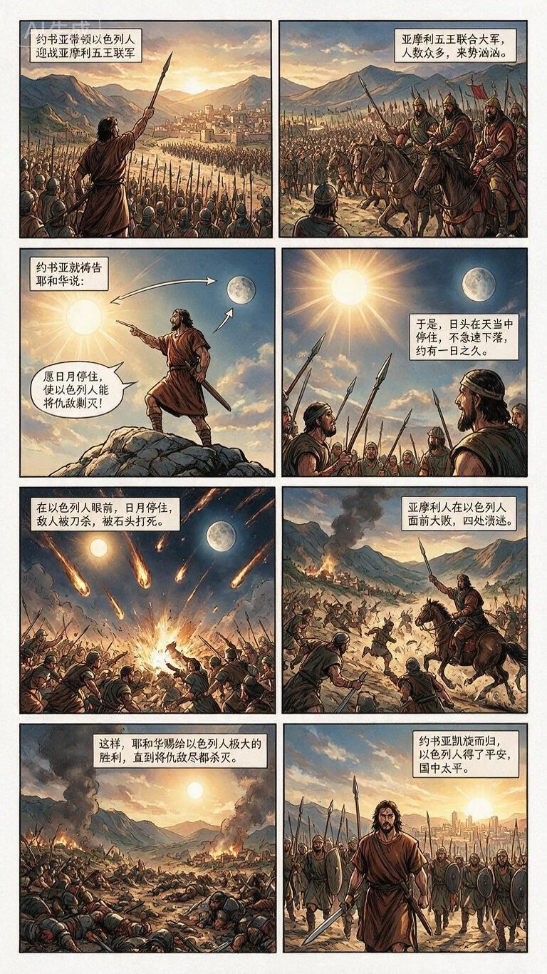 以色列的史书记载约书亚使日月停住的故事。当时，基遍人因惧怕以色列人，用诡计与