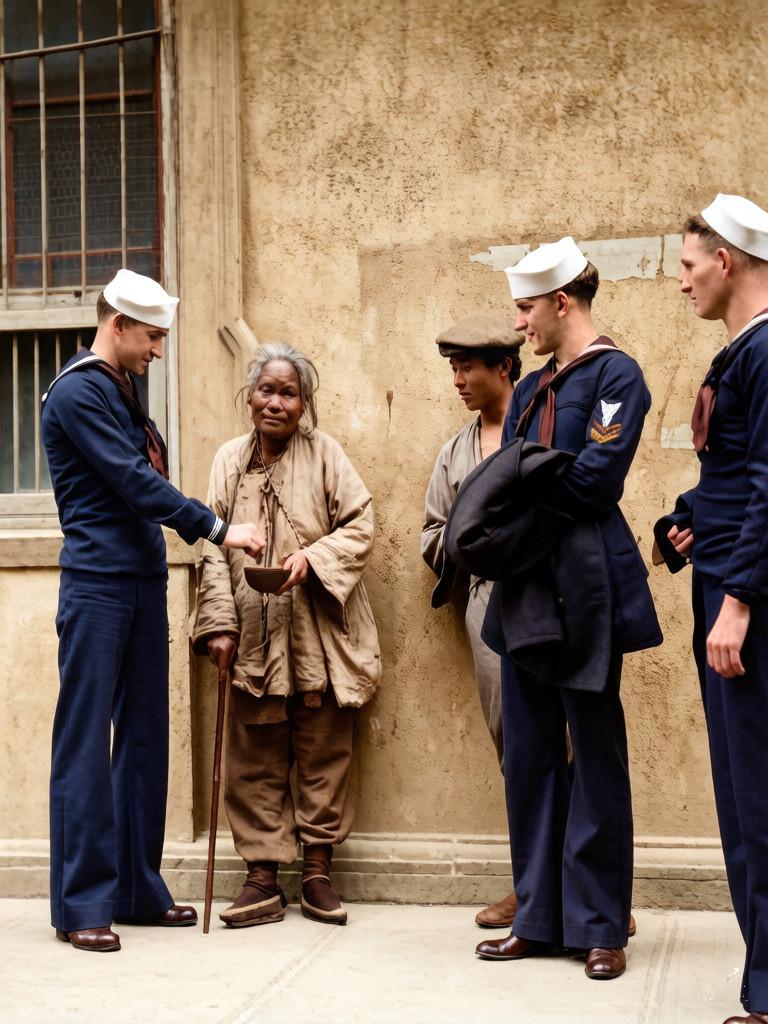 1930年代的上海街头，一名衣衫褴褛老年女乞丐靠墙而站，她一手拄着拐杖，一手端着