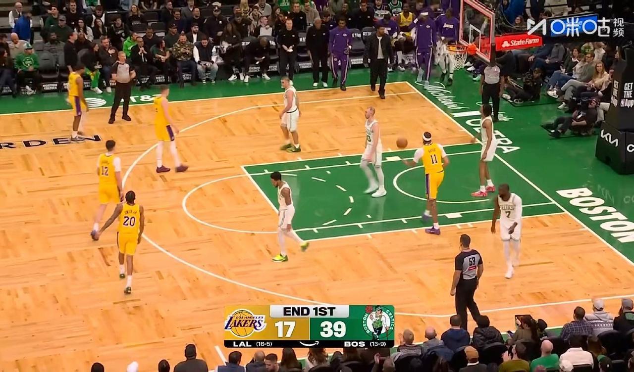 真的没想到！第一节结束，湖人17-39落后凯尔特人22分。比赛难打了……詹姆斯