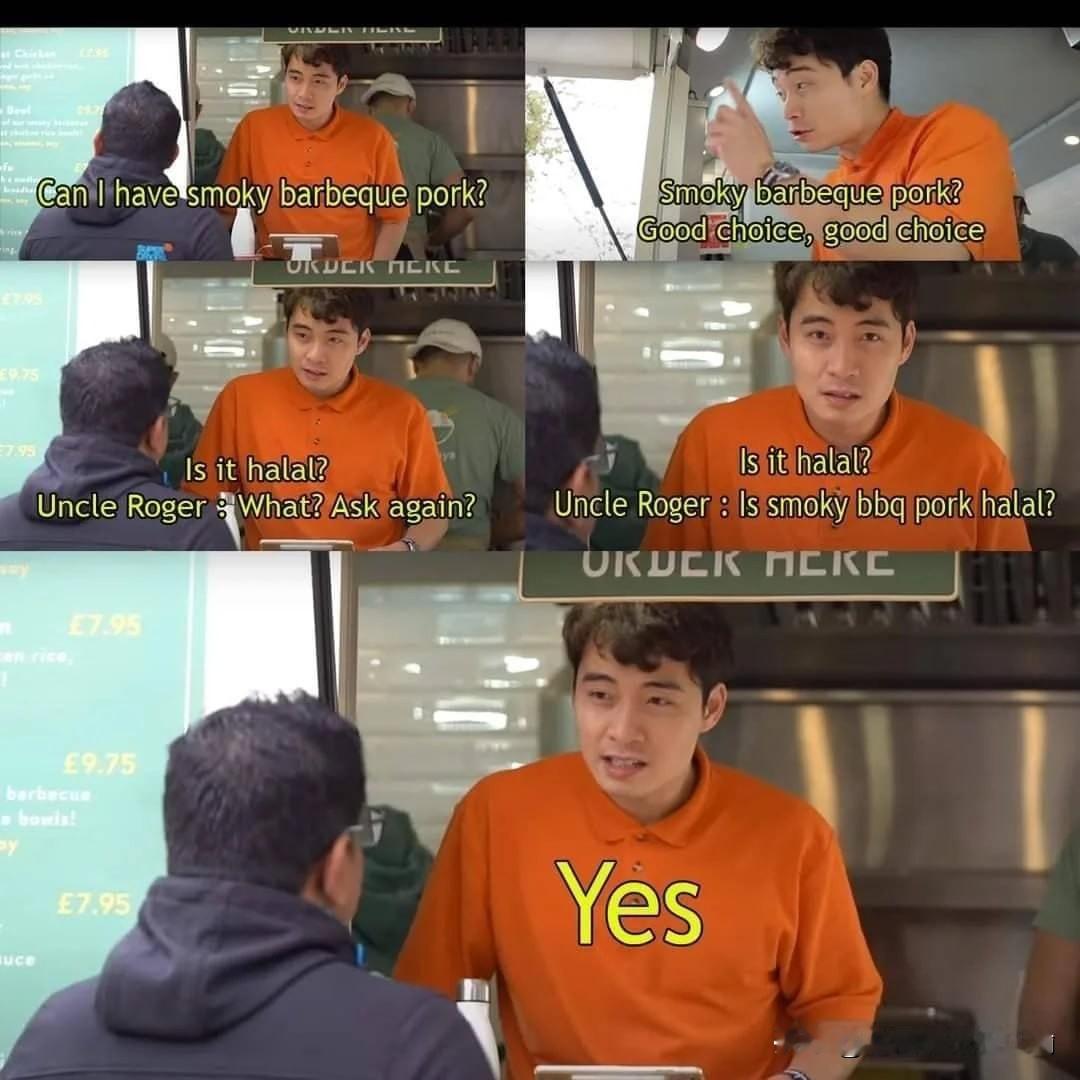 翻译：男：我可以要一个烟熏BBQ猪肉(碗)吗UR：烟熏BBQ猪肉？好选择男