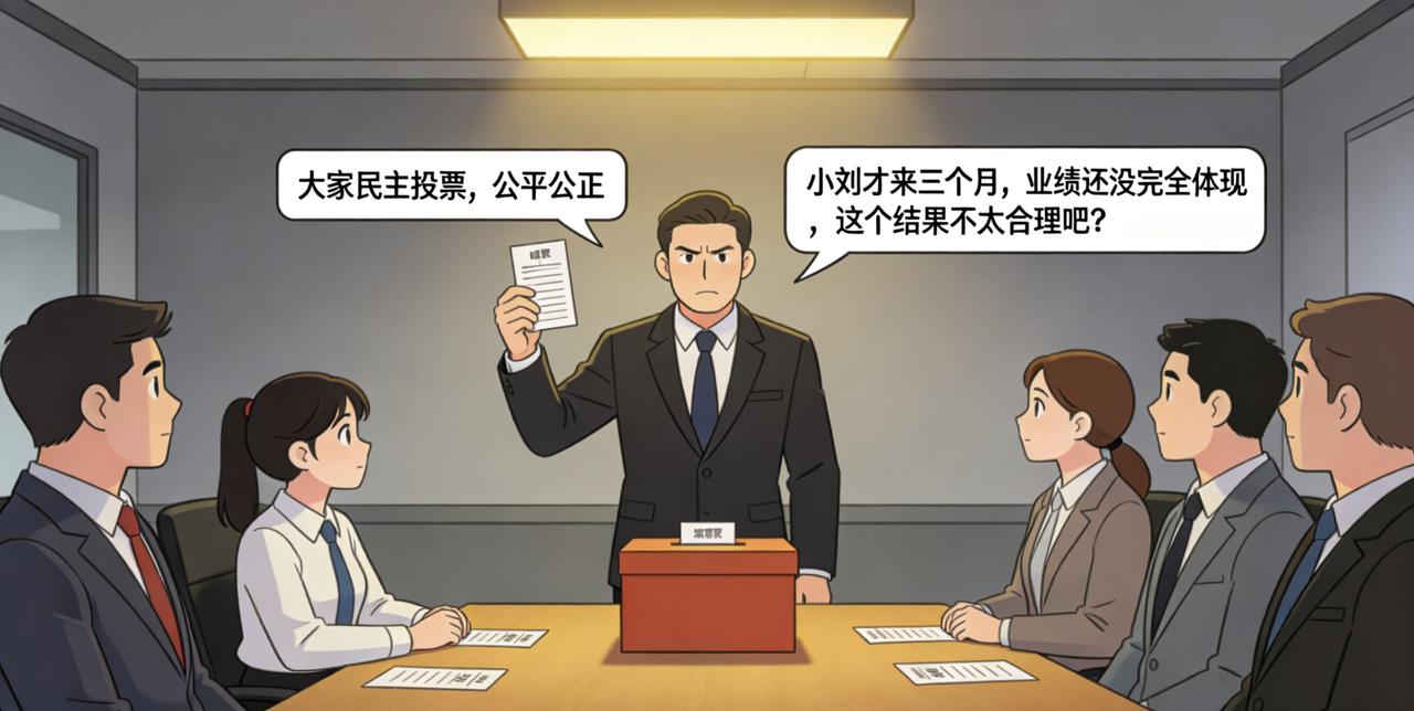 年底评优，部门有一个名额。经理开会说：“大家民主投票，公平公正。”大家写了纸