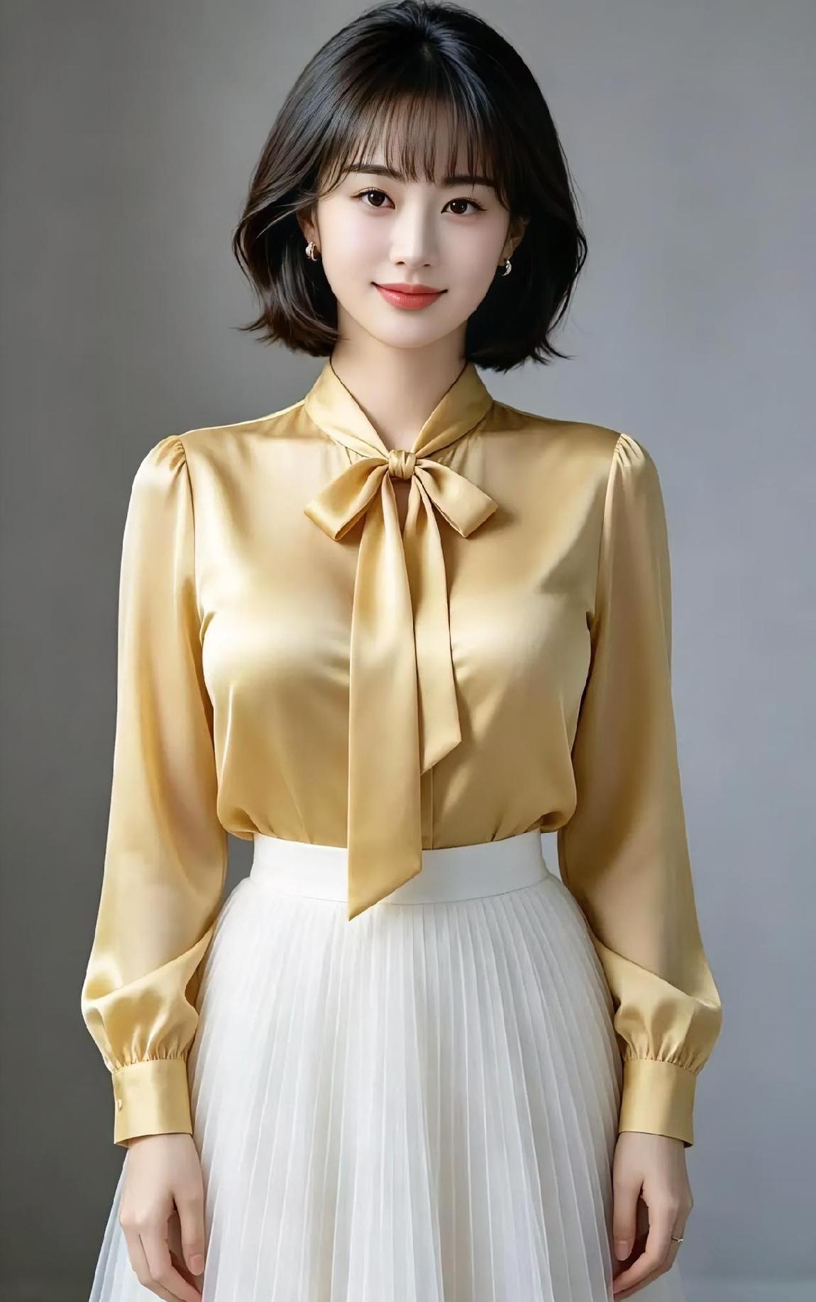 金丝轻扬，领间系着暖阳。白裙褶皱里，风慢慢梳过时光。短发含笑，