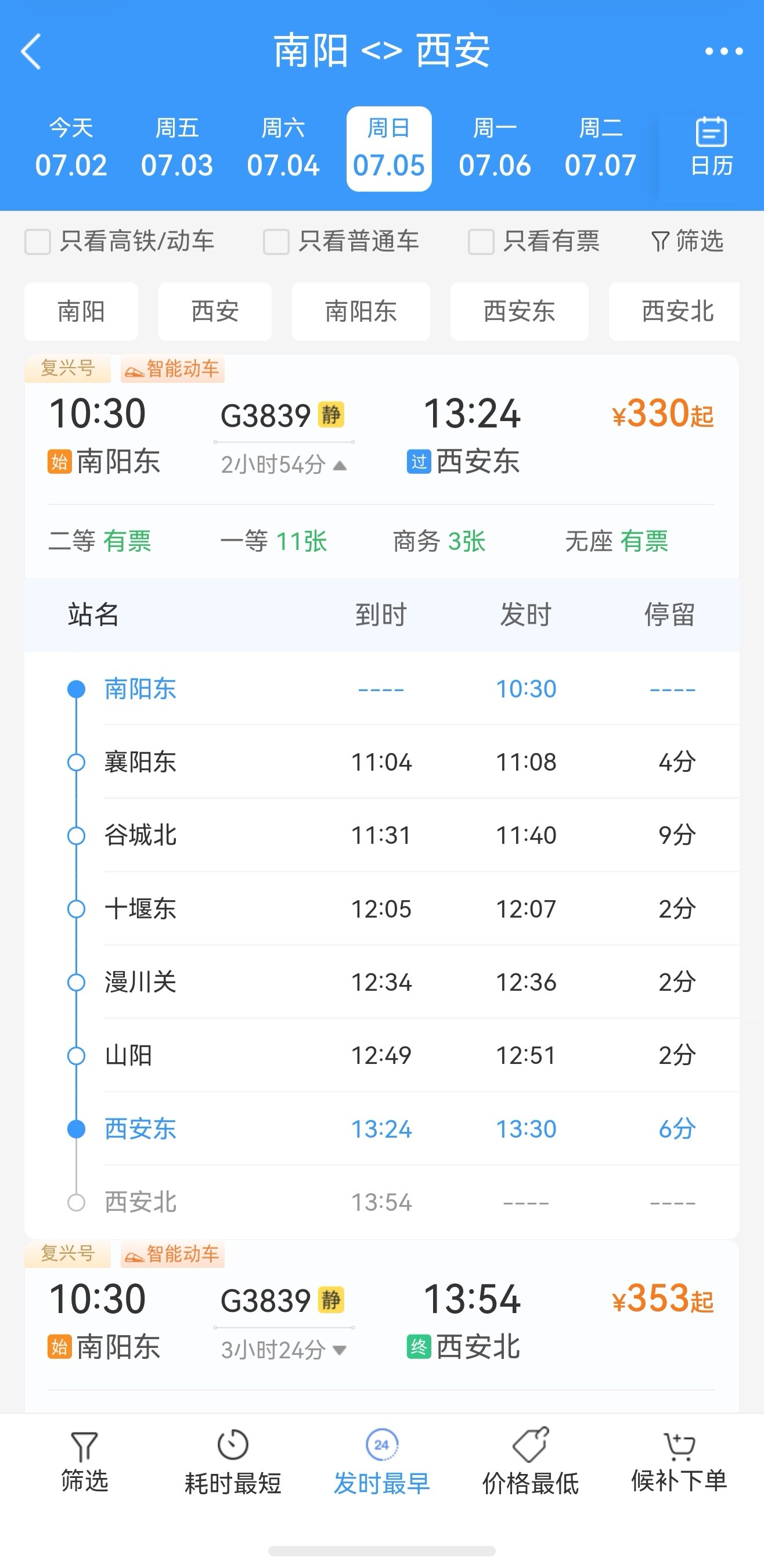 南阳到西安的高铁开通了。只是这绿皮车和高铁的票价差得也太多了。南信合＋商南高铁开