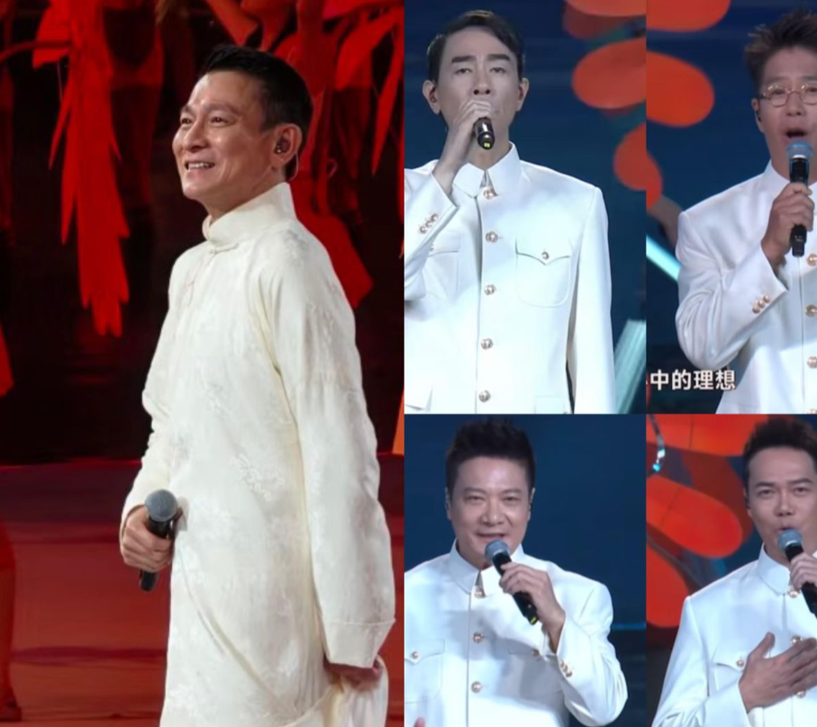 刘德华陈小春周深昨晚在广州全运会开幕式同台唱主题曲，仨人清一色黑长衫加深色西装，