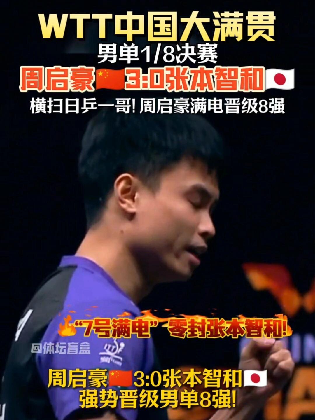 恭喜周启豪拿到八强，张本止步了，可是日本一哥，这3:0太有水准了！回顾一看，七