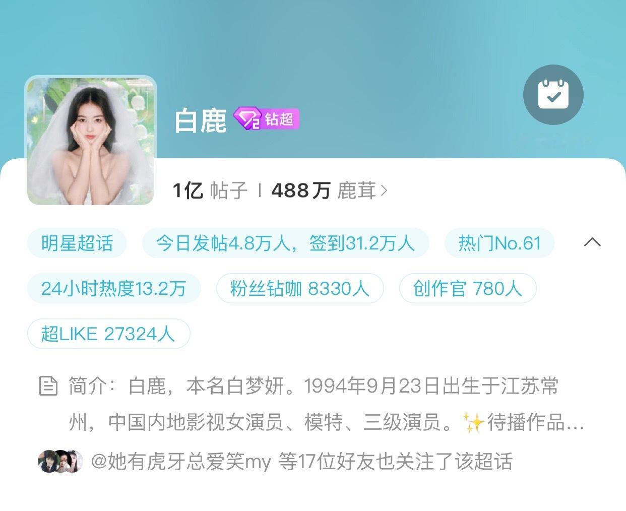 白鹿白鹿超话发帖数破亿了[666]​​​