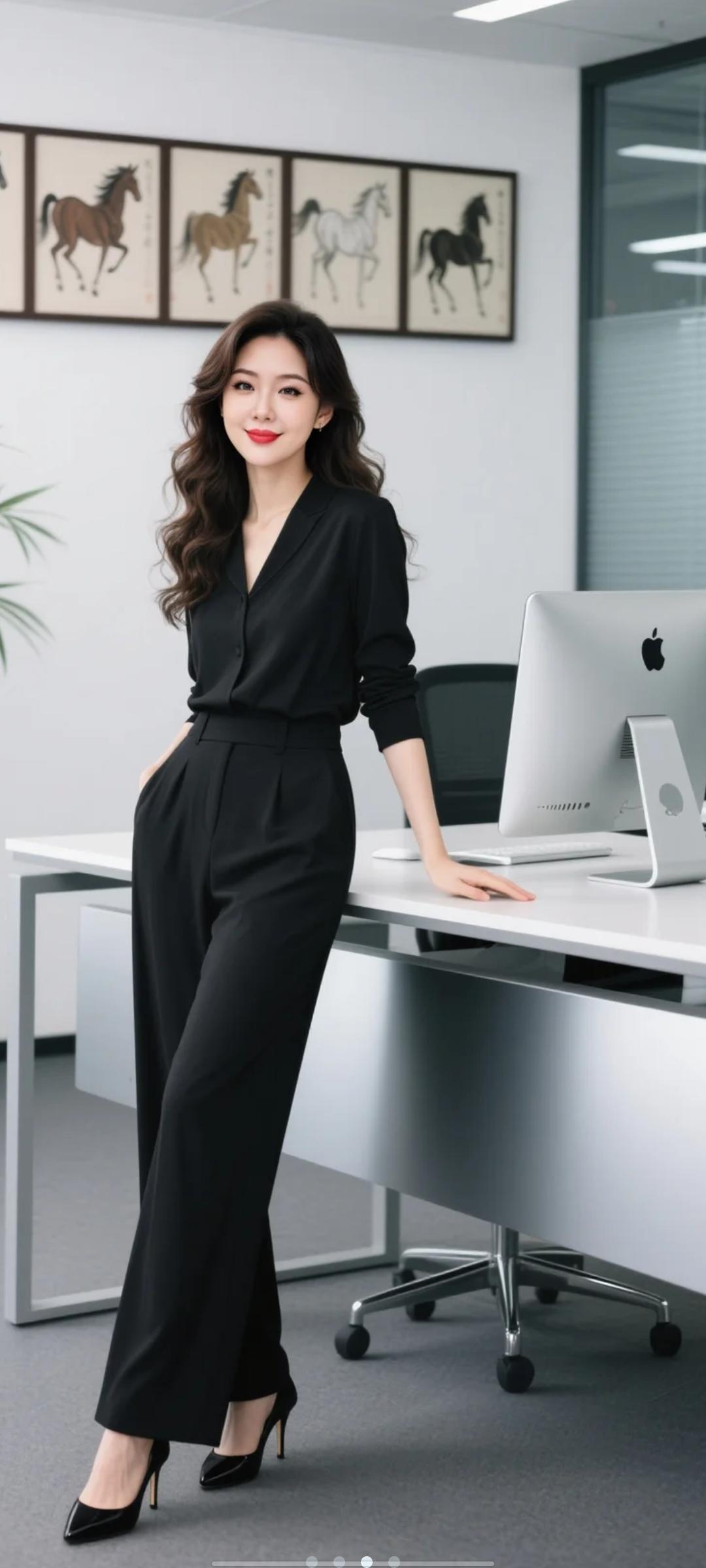 职场干练风穿搭，黑色西装裤搭配V领衬衫，自信满满！