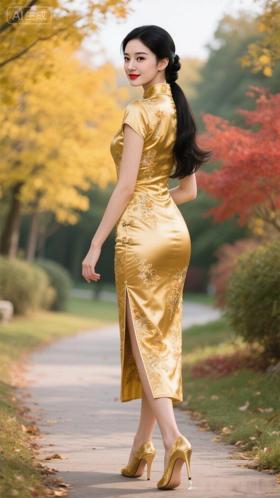 穿金色旗袍的姑娘在秋日散步。