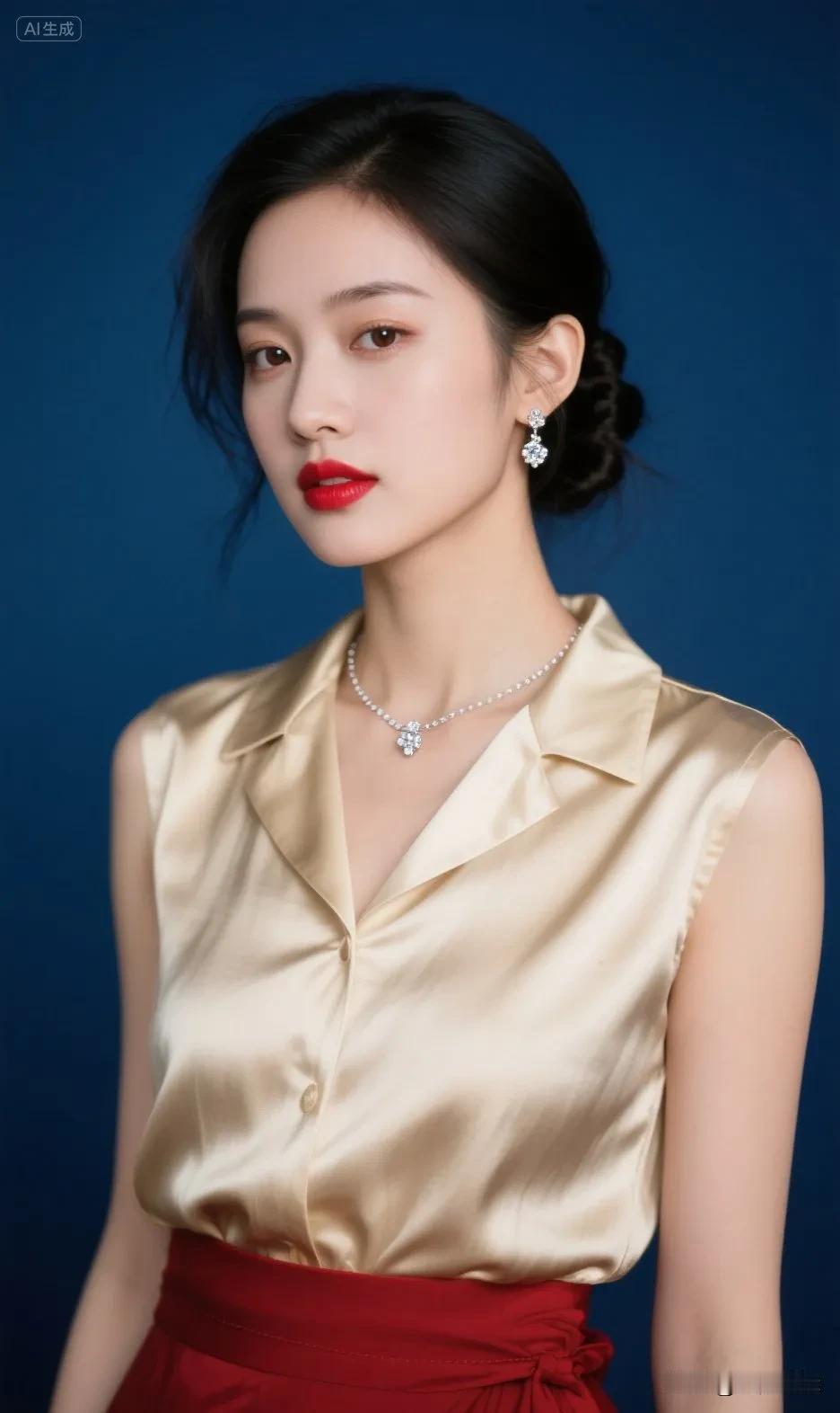 红裙衬衫，气质美女。