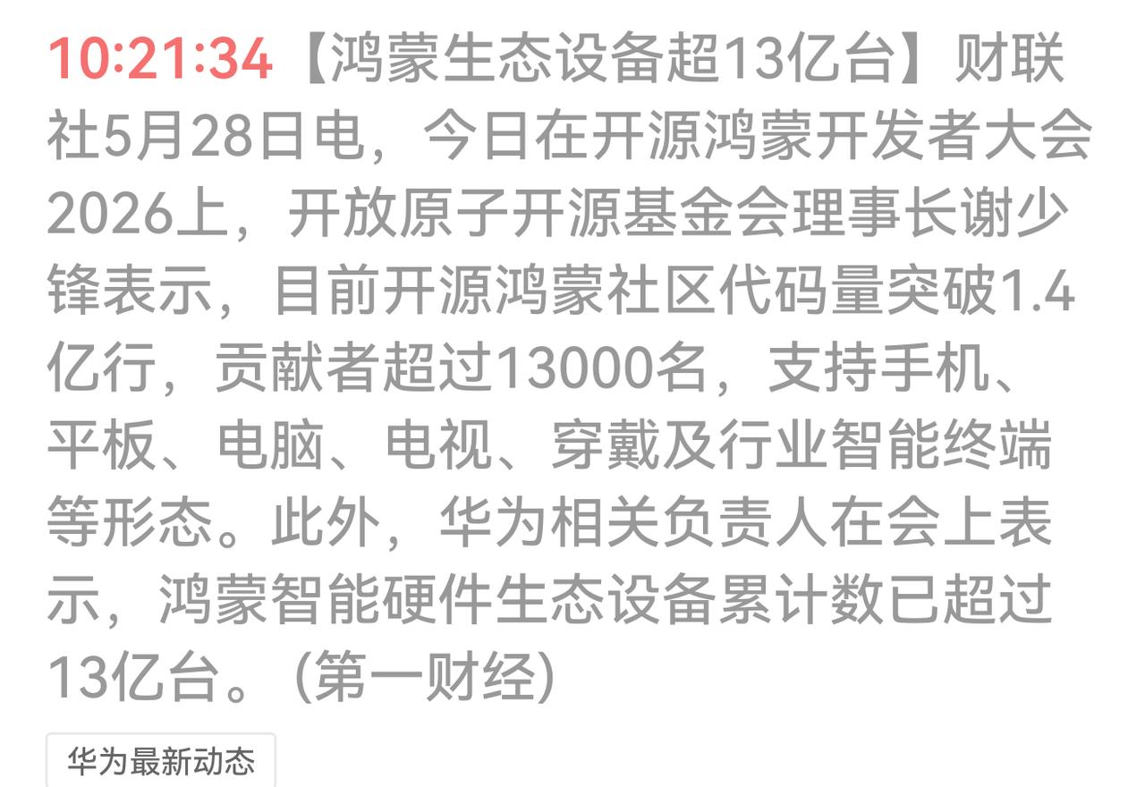 鸿蒙生态设备超13亿台！HarmonyOS5/6终端：6217万台（截止5月