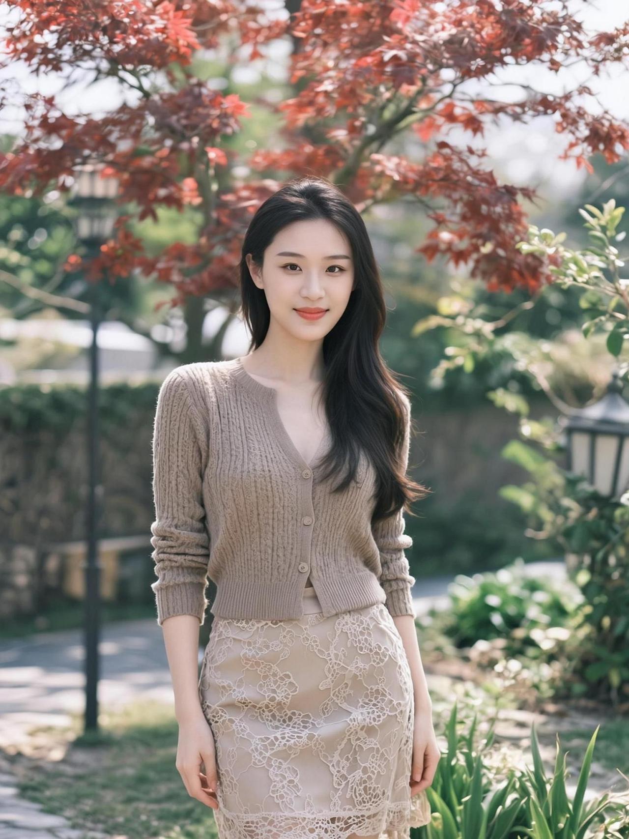 春天的风轻轻拂过，针织衫的柔软与侧颜的微笑交织成一幅温柔的画卷。背景的花树像是大
