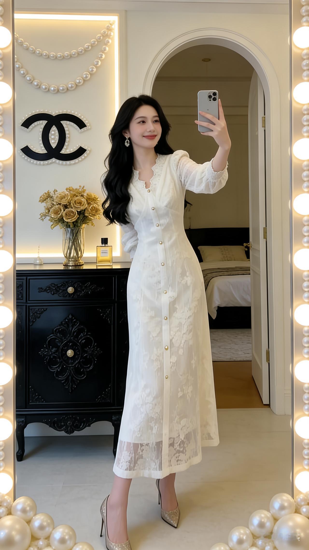 白裙轻曳，是温柔的注脚，也是时光的情书。在香氛与珍珠的环绕里，在落雪与书香的映