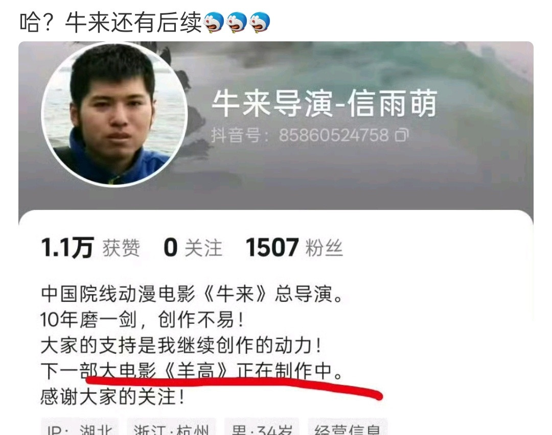 其实不一定是真的账号，抖上很多《牛来》的假官方号感觉这个也是假的