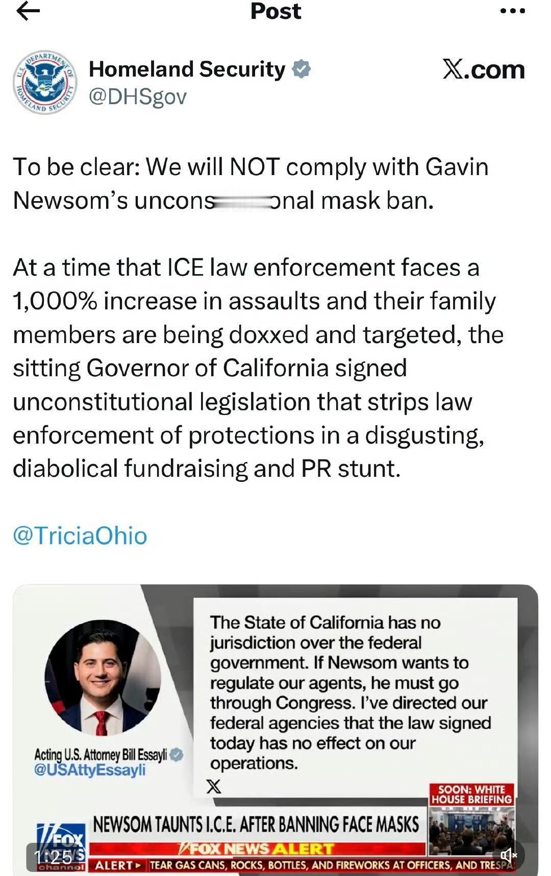 加州不让联邦特工戴面罩，联邦直接甩脸：你管得着吗？纽森签了条新规：执法时别戴面