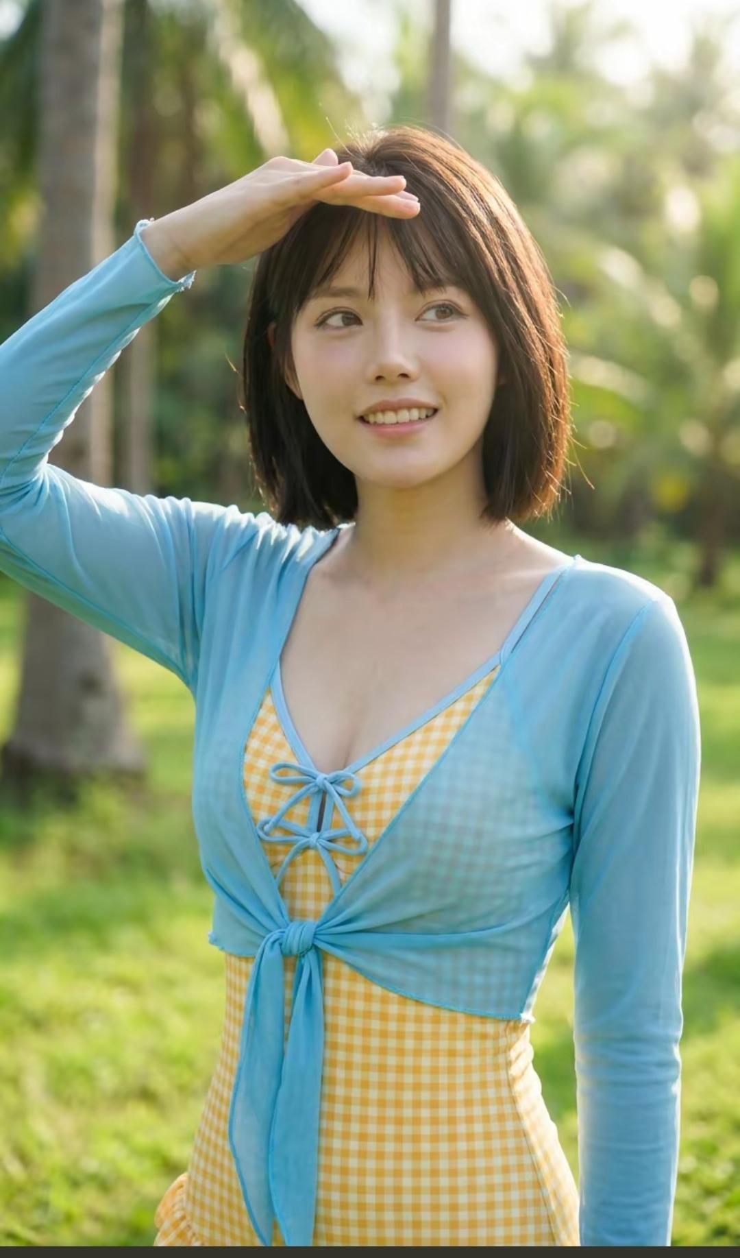 阳光明媚的午后，甜美少女在绿意盎然的公园里微笑。