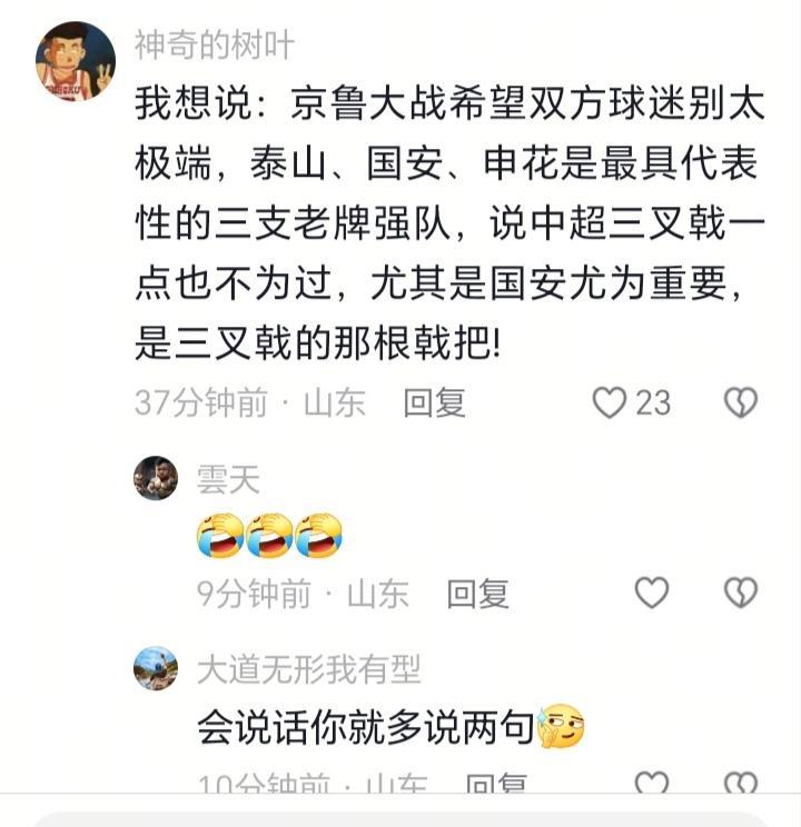 “我想说：京鲁大战希望双方球迷别太极端，泰山、申花、国安是最具代表性的三支老牌强
