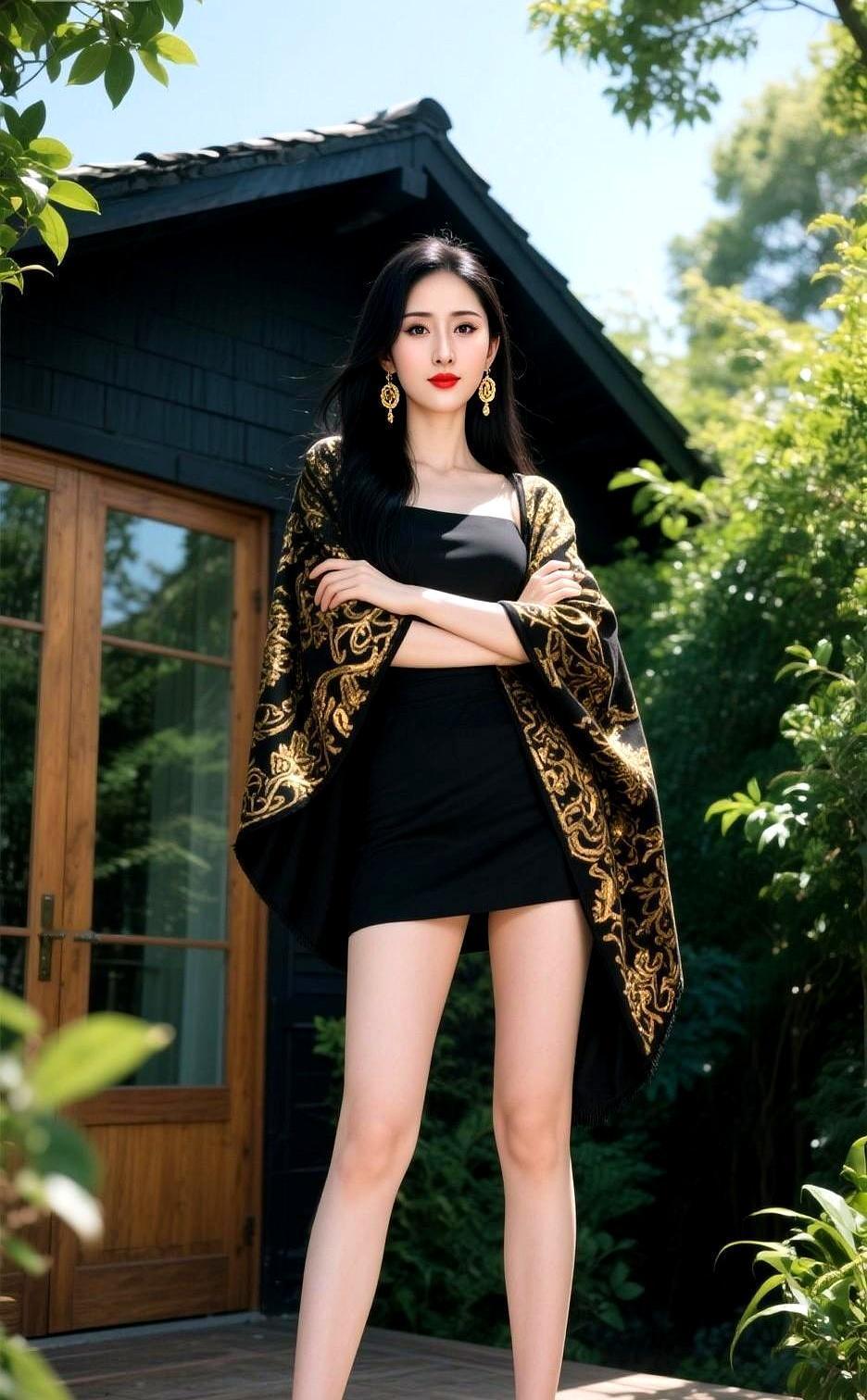 黑金披肩往肩上一甩，气场直接拉到豪门千金。黑裙够素，披肩够闪，一静一动，贵