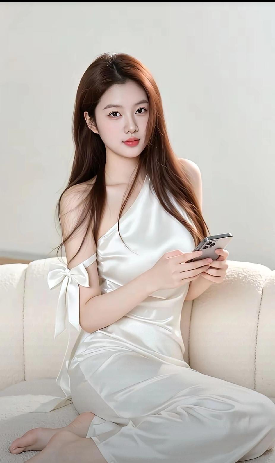 优雅白裙少女，静坐沙发，手机相伴，温柔时光