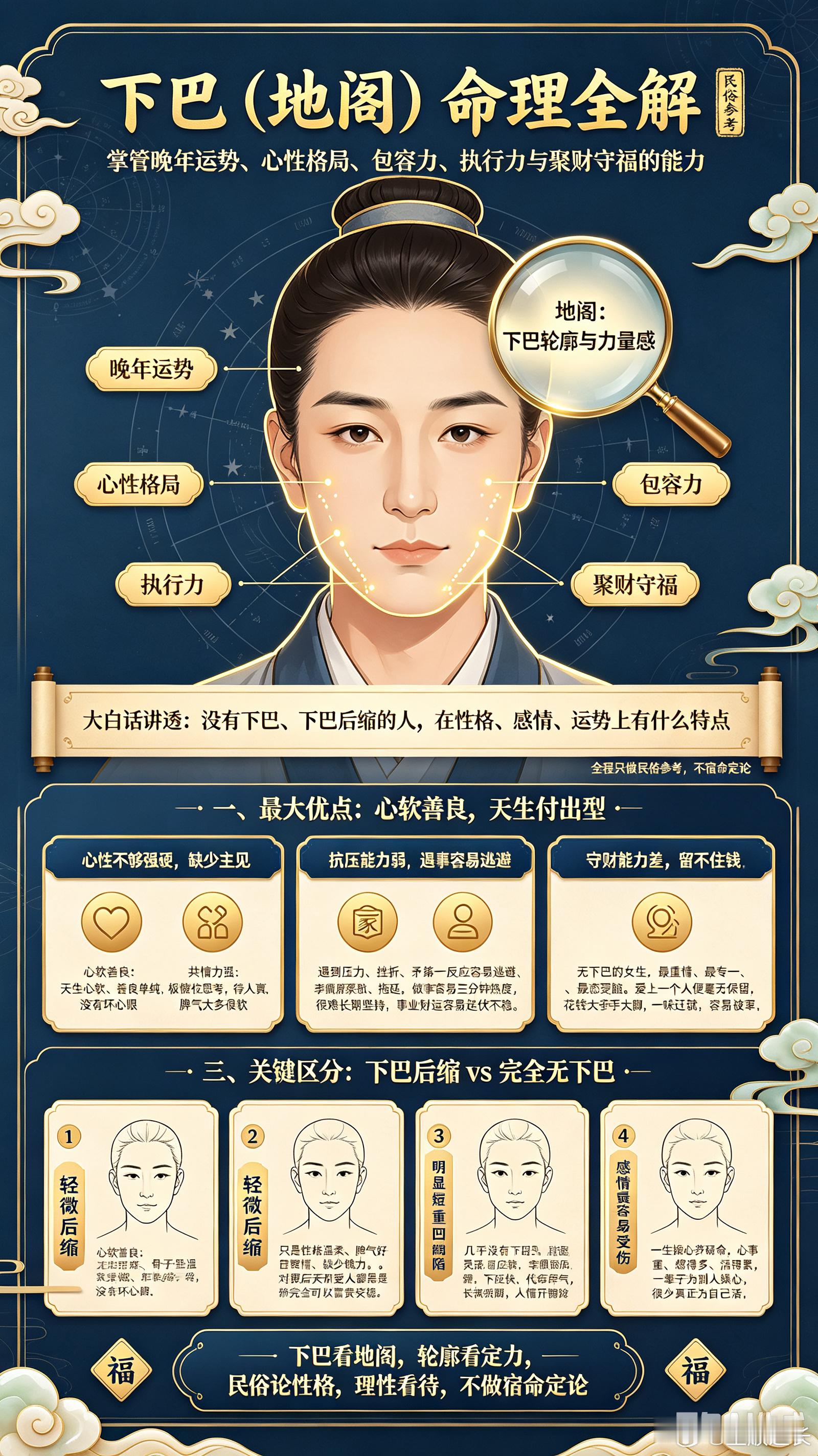 面相中的下巴（地阁）：掌管晚年运势、心性格局、包容力、执行力与聚财守福的能力以下用大白话讲透——没有