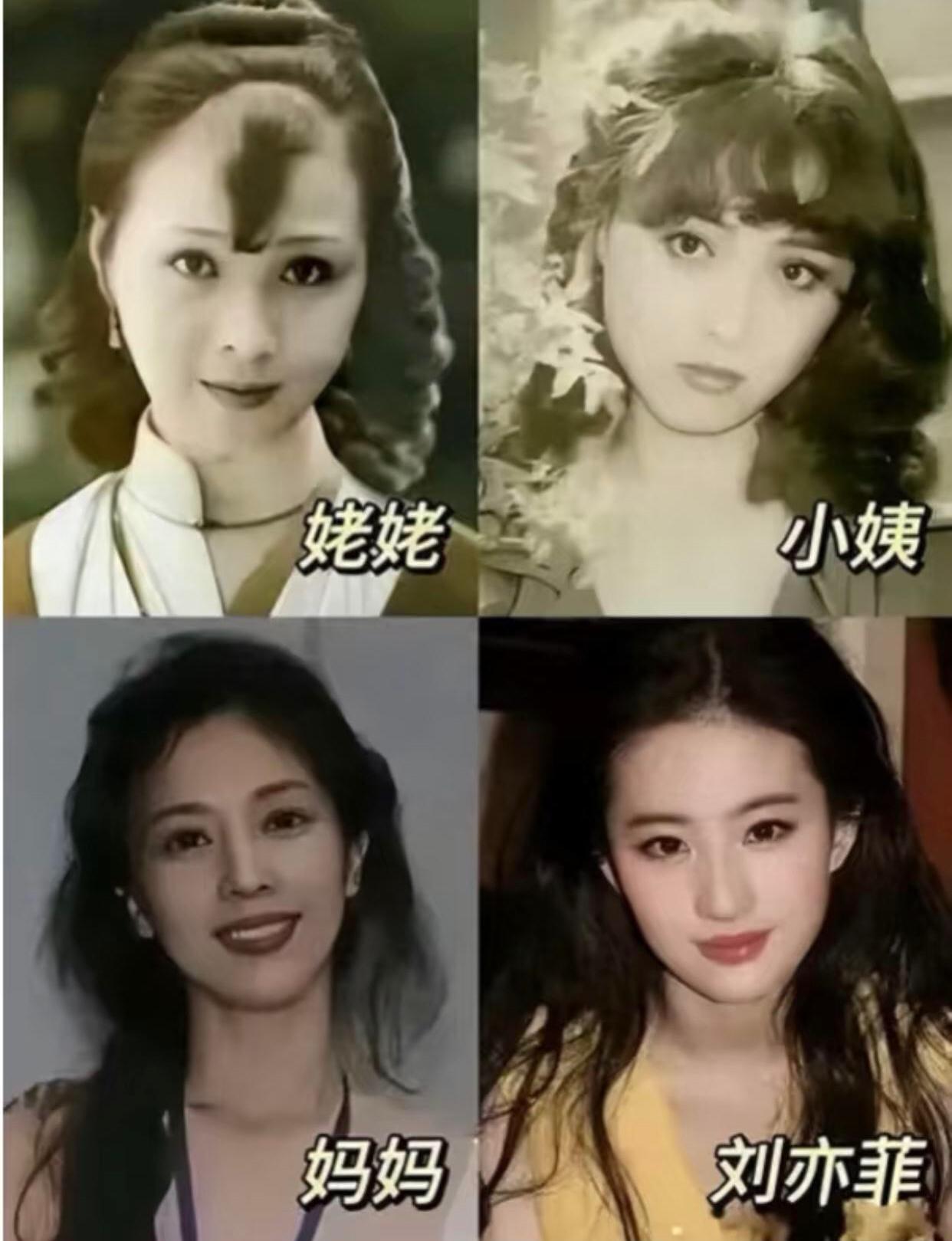 刘亦菲这一家子真是美人窝呀，但觉得姥姥有点像蔡明，她的两个女儿才真的是到达了