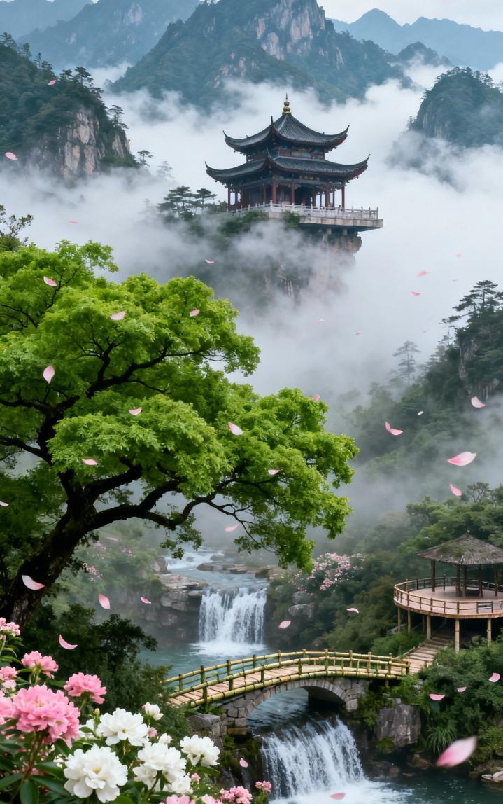 云雾缭绕的青山之巅，古亭屹然。山涧瀑布飞流，木桥横跨，粉白花瓣随风轻舞，绿树繁花
