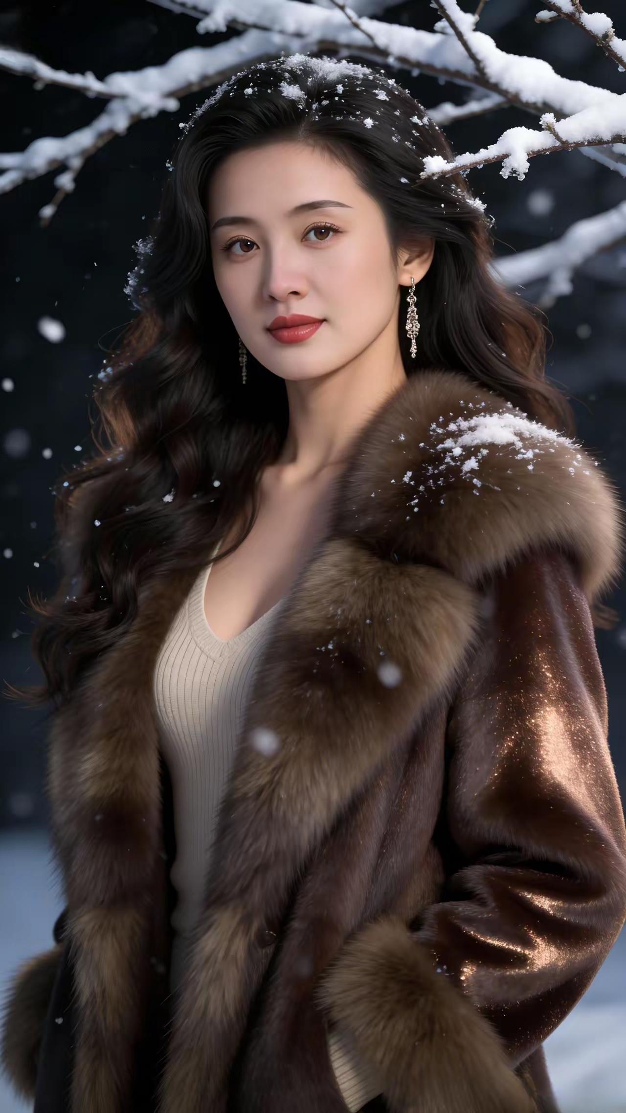 冬日雪景中的优雅女子，毛皮大衣与飘雪相映成趣。