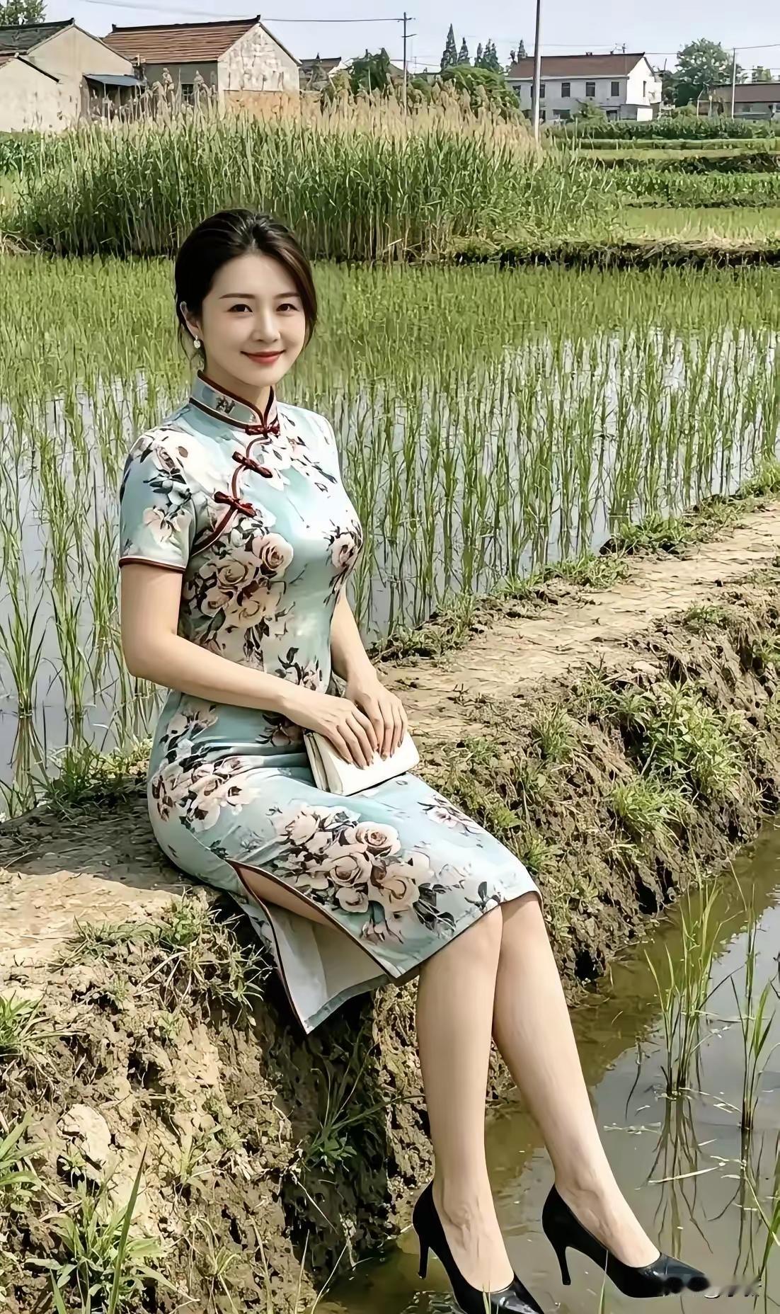 塞鸿秋·青瓷旗袍田园春风揉绿秧头俏，旗袍褶染芳华貌。盘扣凝韵古风妙，青衿