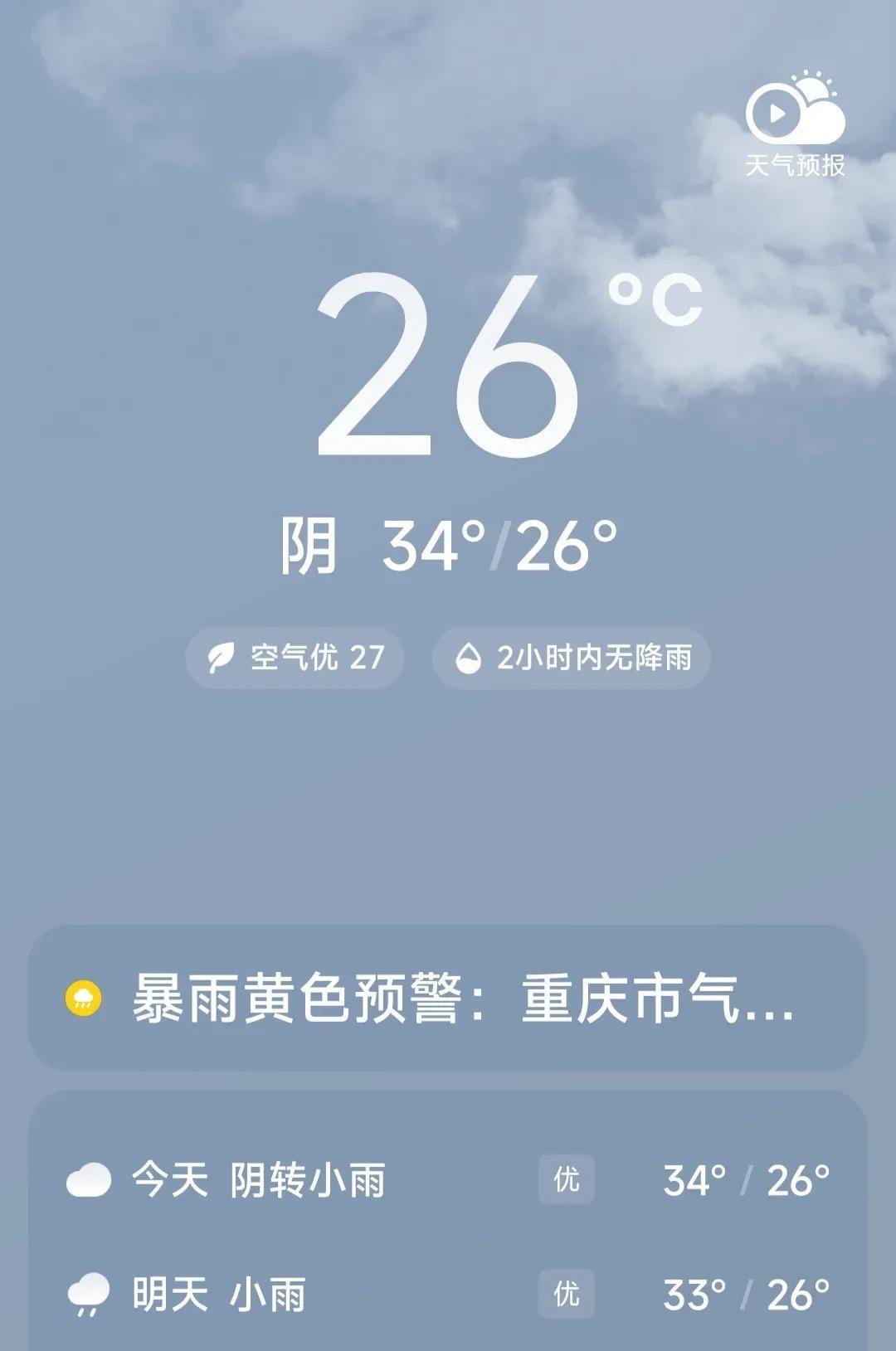 今日是头伏，重庆的天气处于26到34度之间，相较昨天的温度降低了几度，早晨下过雨