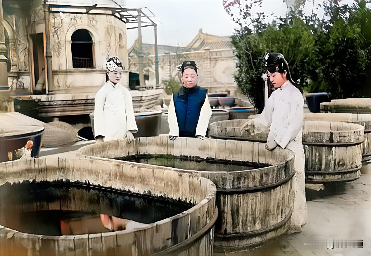 端康太妃在延禧宫旁与两个侄女一起观赏木海里的金鱼。端康太妃非常痴迷养金鱼。她在宫