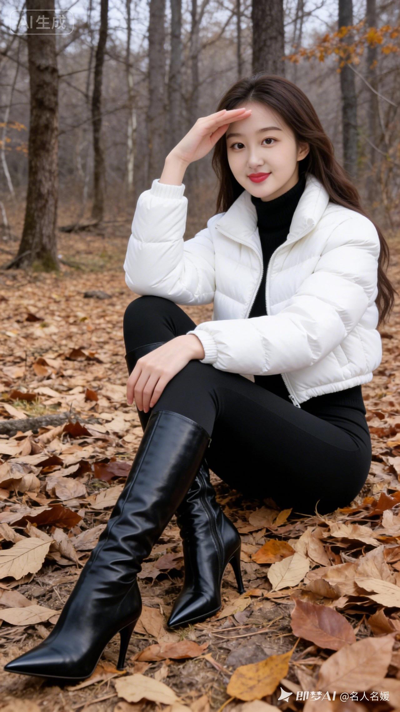 秋日森林中的时尚少女，白色羽绒服与黑色靴子搭配，尽显优雅与温暖。