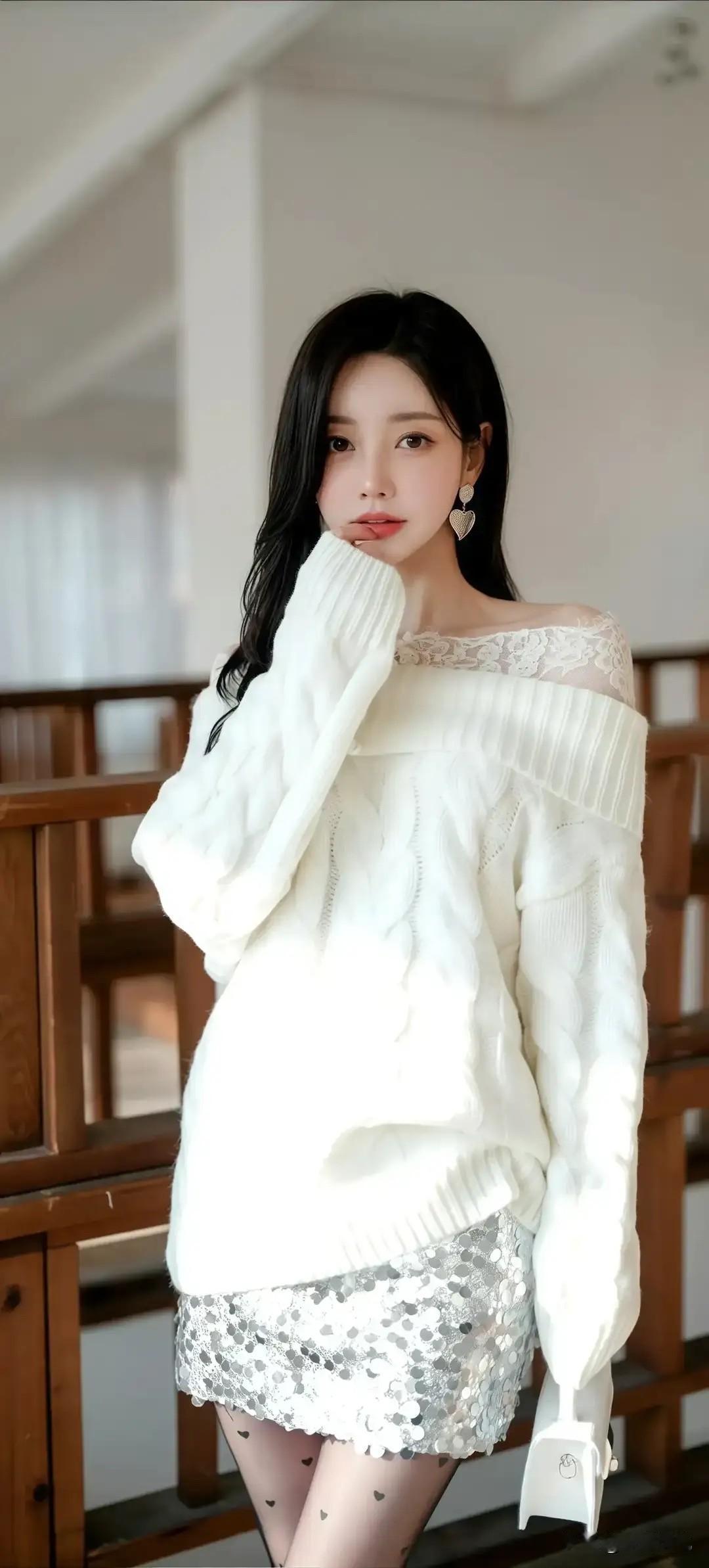 温柔白色毛衣搭配闪亮半身裙，甜美又时尚！💕✨孙允珠孙允珠极品美图模特的神仙