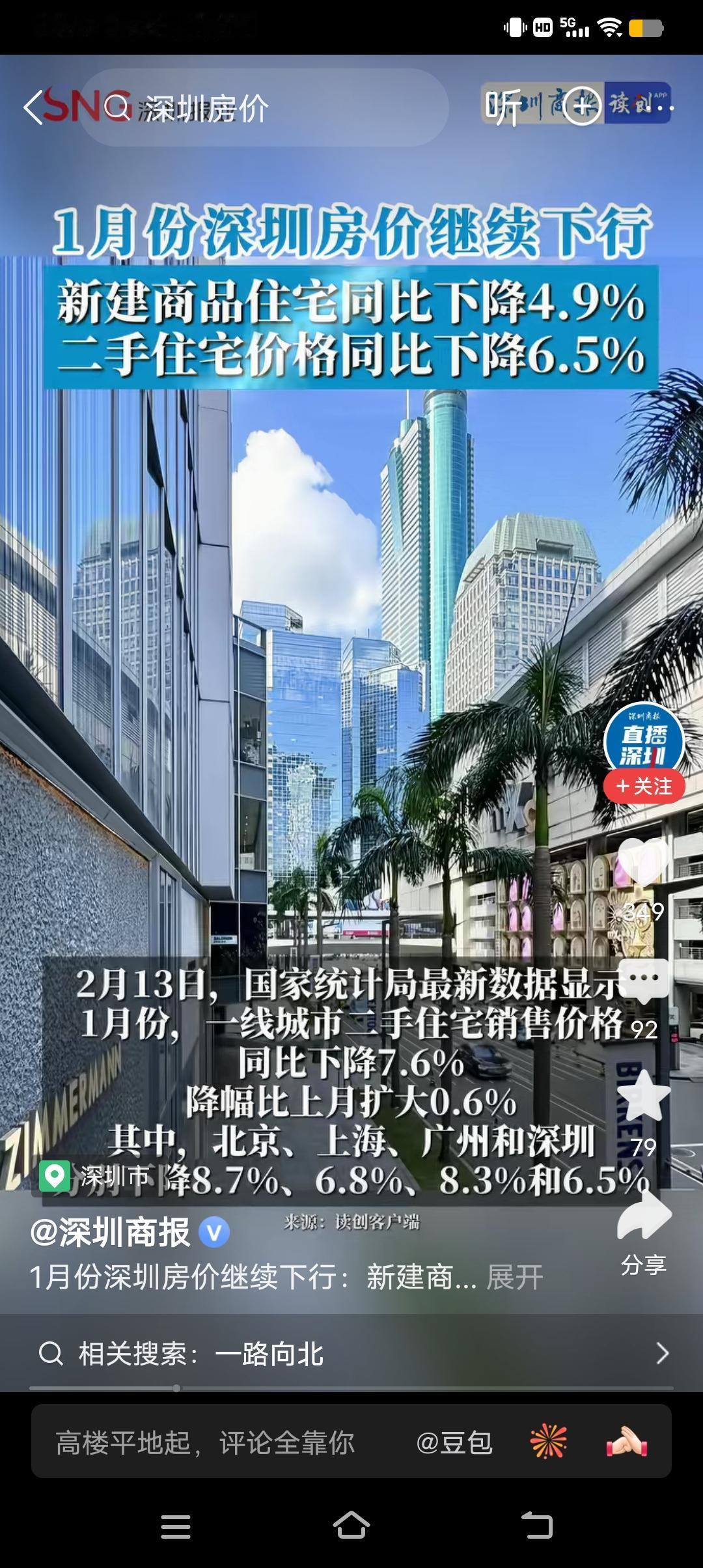 网上传言北哥被封号了。深圳商报说，1月份深圳房价继续下行！新建商品住宅同比下降4