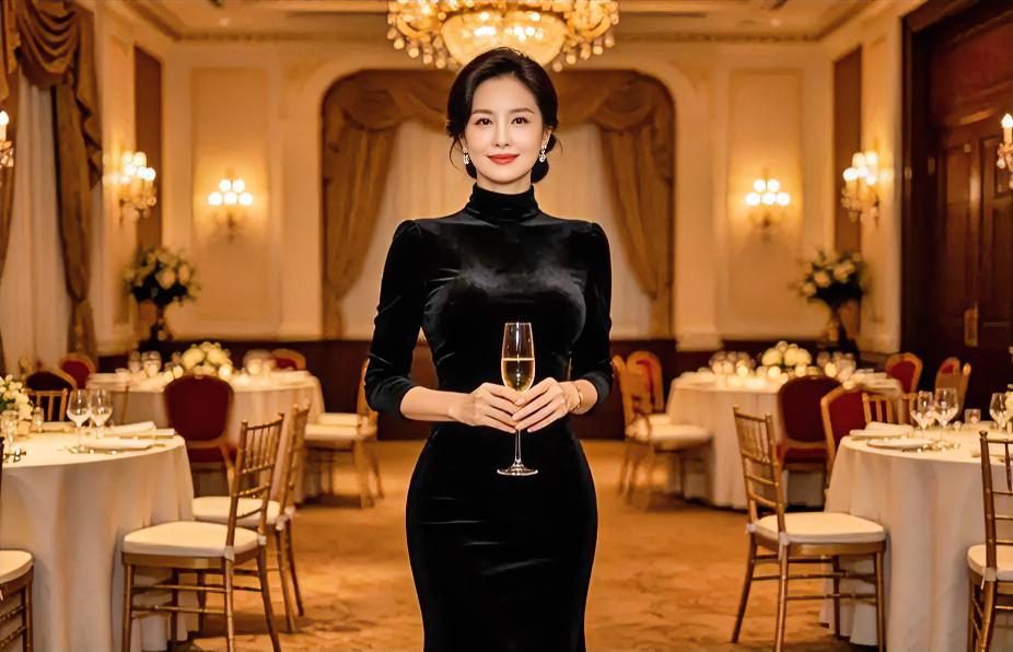 璀璨灯影，华厅流光，丝绒黑裙，优雅端庄。手握清酒，笑意温婉，从容立中