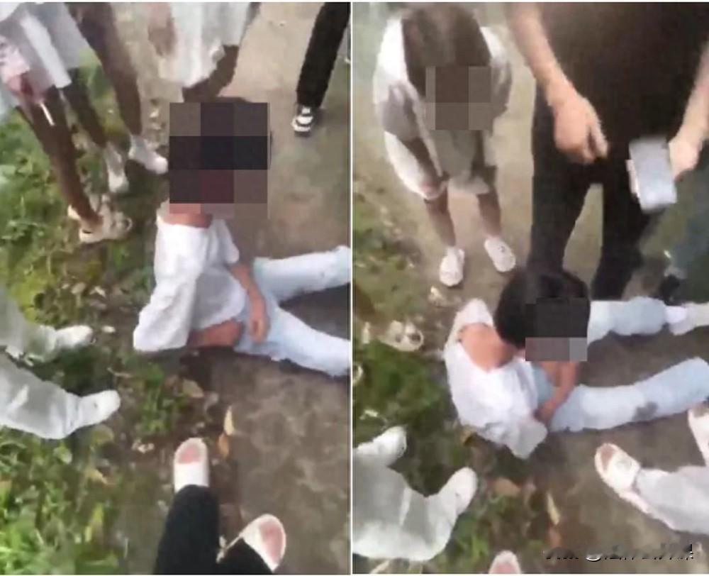 江西万载，一男孩遭到八九个同龄人的围殴，他跪地求饶但换来的是更长时间的殴打。短短