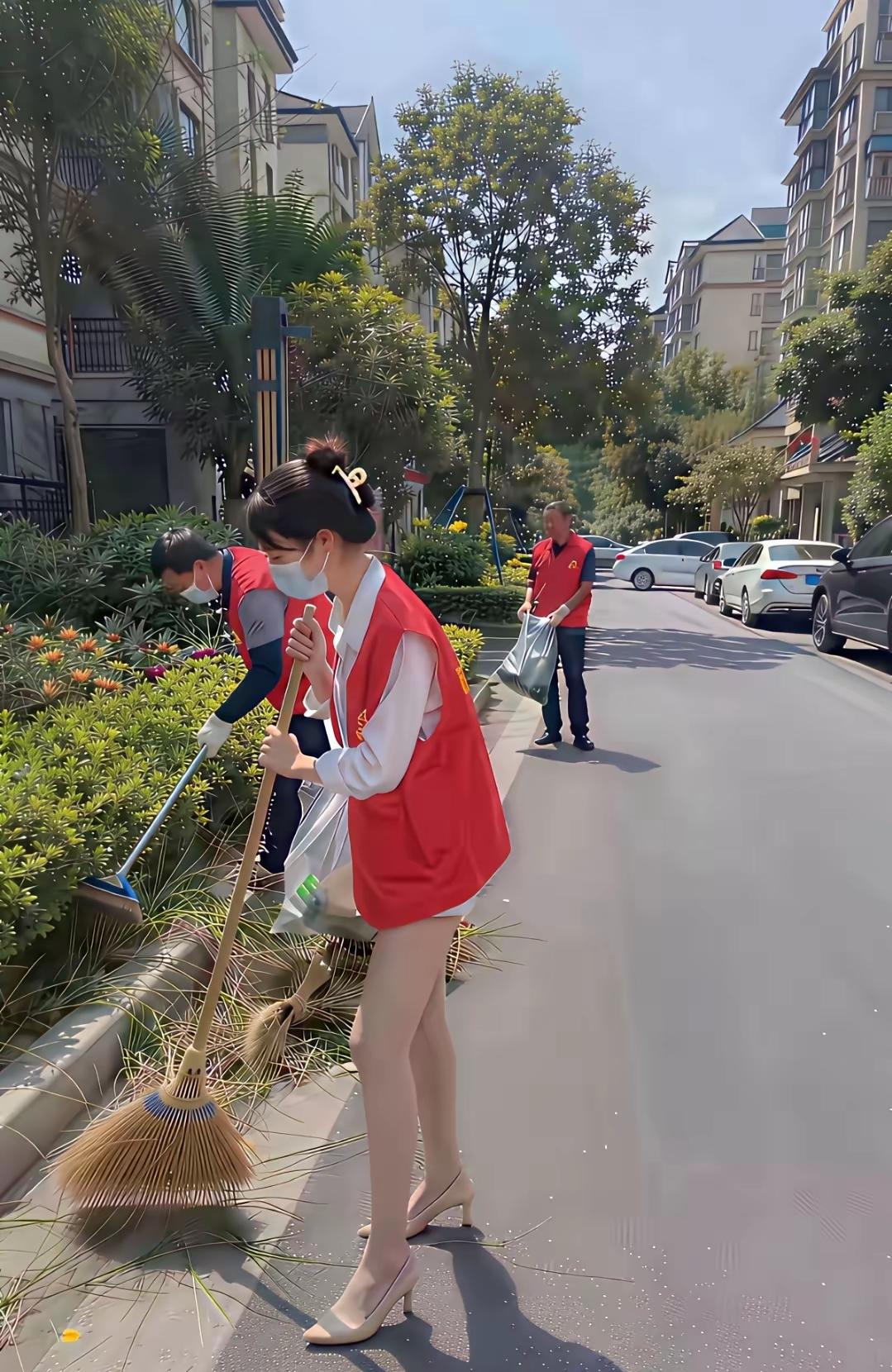 地扫的干净，扫把也干净，穿着也干净。