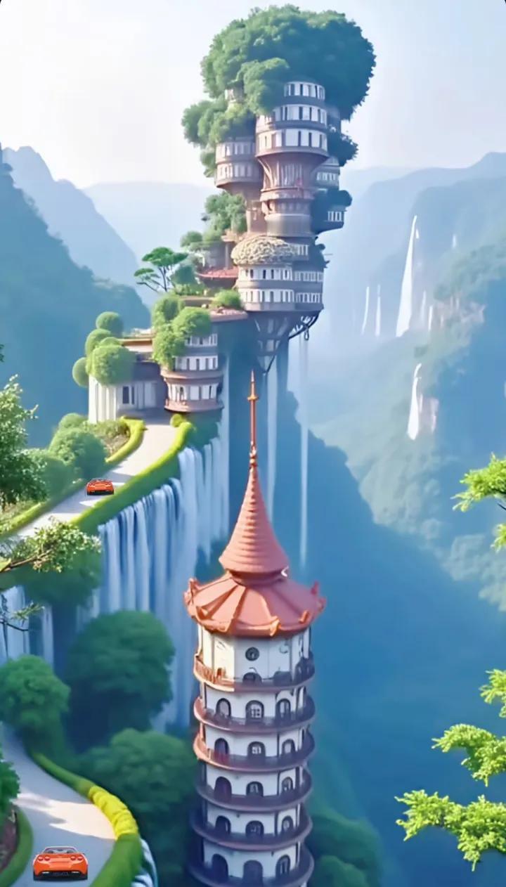 楼阁云梯通仙境，楼阁耸翠峰。在这美丽的画卷中，群山环抱，云雾缭绕。一道道云梯蜿蜒