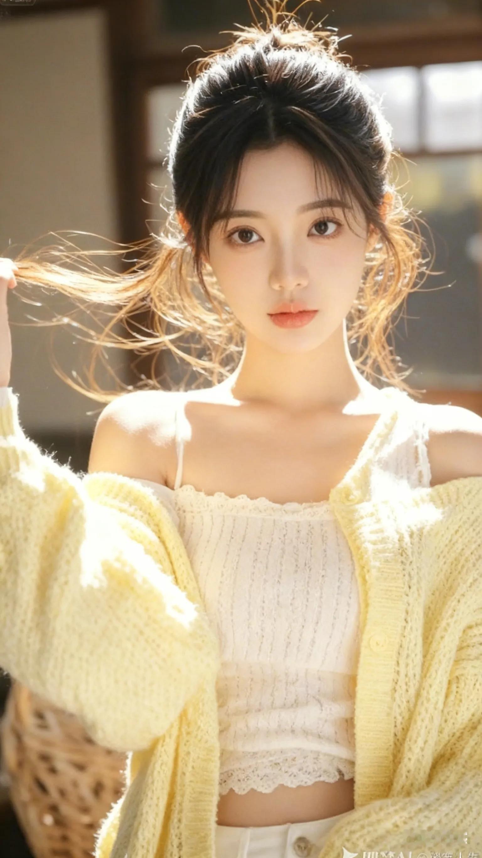 阳光下的温柔少女，微风轻拂发梢，清新自然。