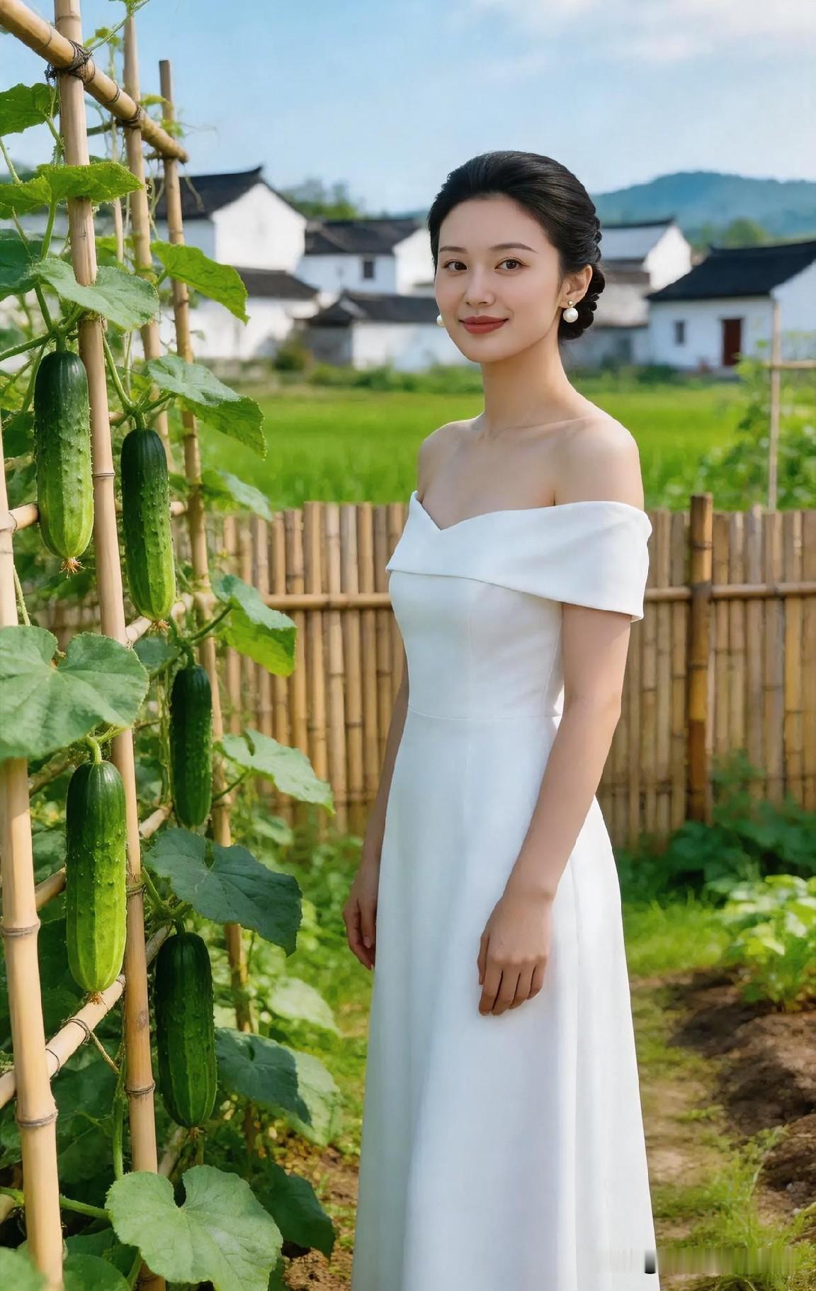 一袭白裙立于藤架旁，田园为景。清新素雅与生机绿意交融，诠释纯净温婉的乡村诗意。