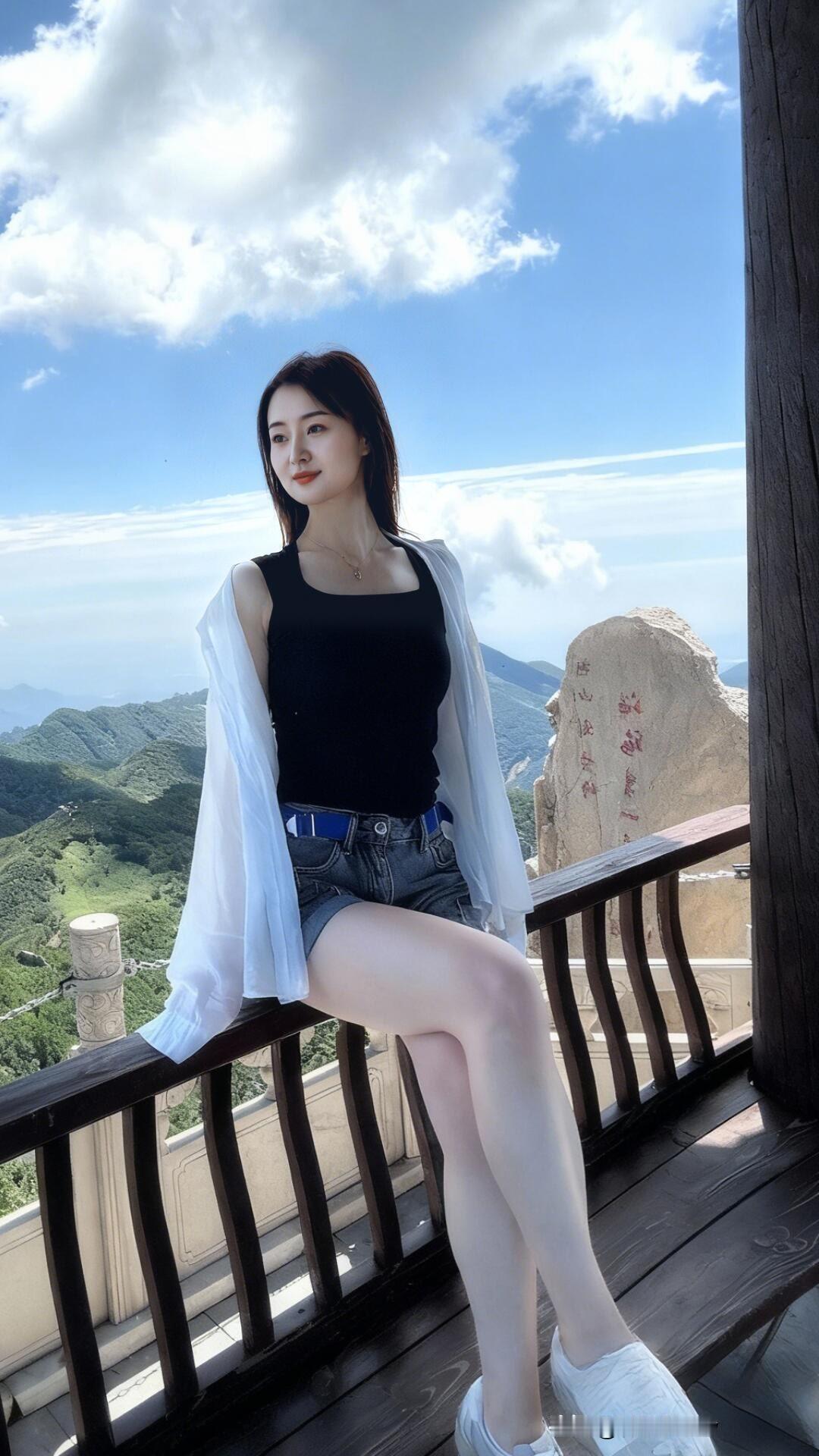 云海之上，仙气缭绕，少女倚栏，美不胜收。大长腿知性美女穿搭分享美女们快来分享