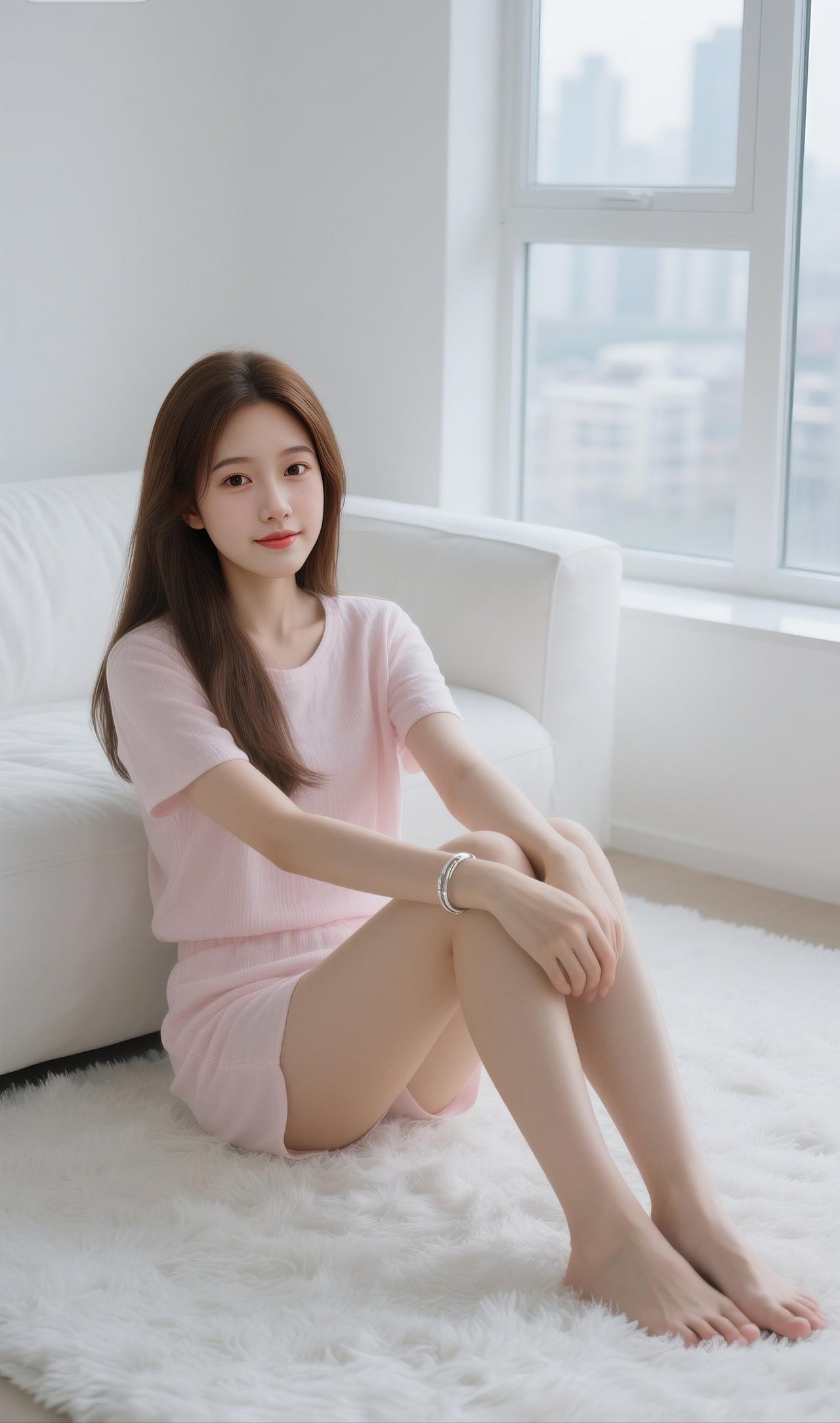 粉嫩少女坐沙发，阳光洒进房间，温暖舒适。