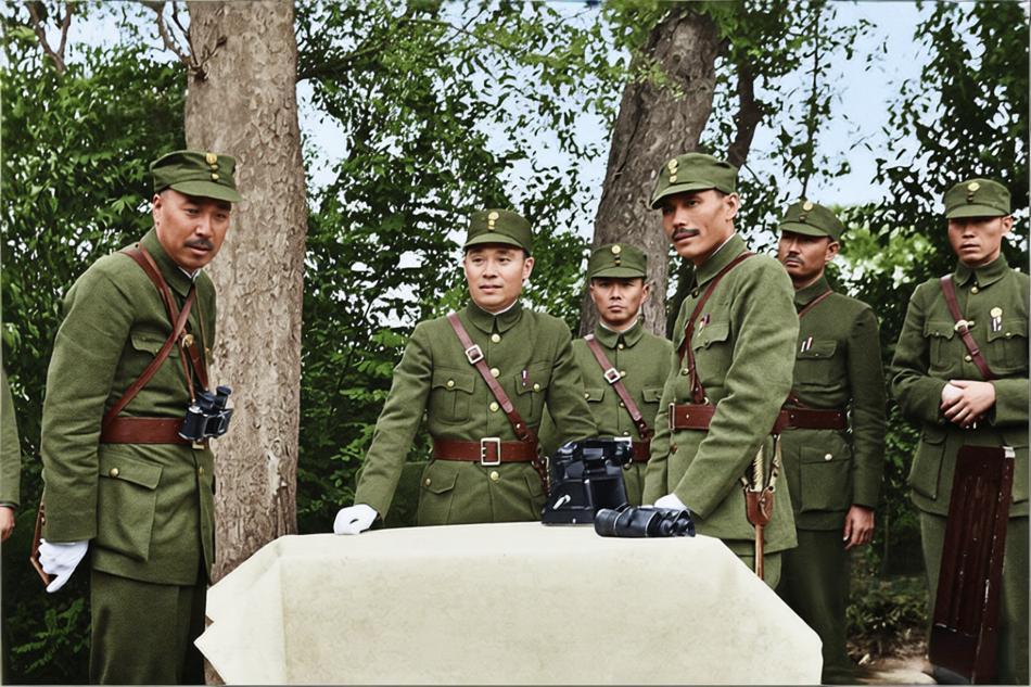 1937年，淞沪会战期间，第三战区副司令长官顾祝同（中）神态严肃，与几位高级军官