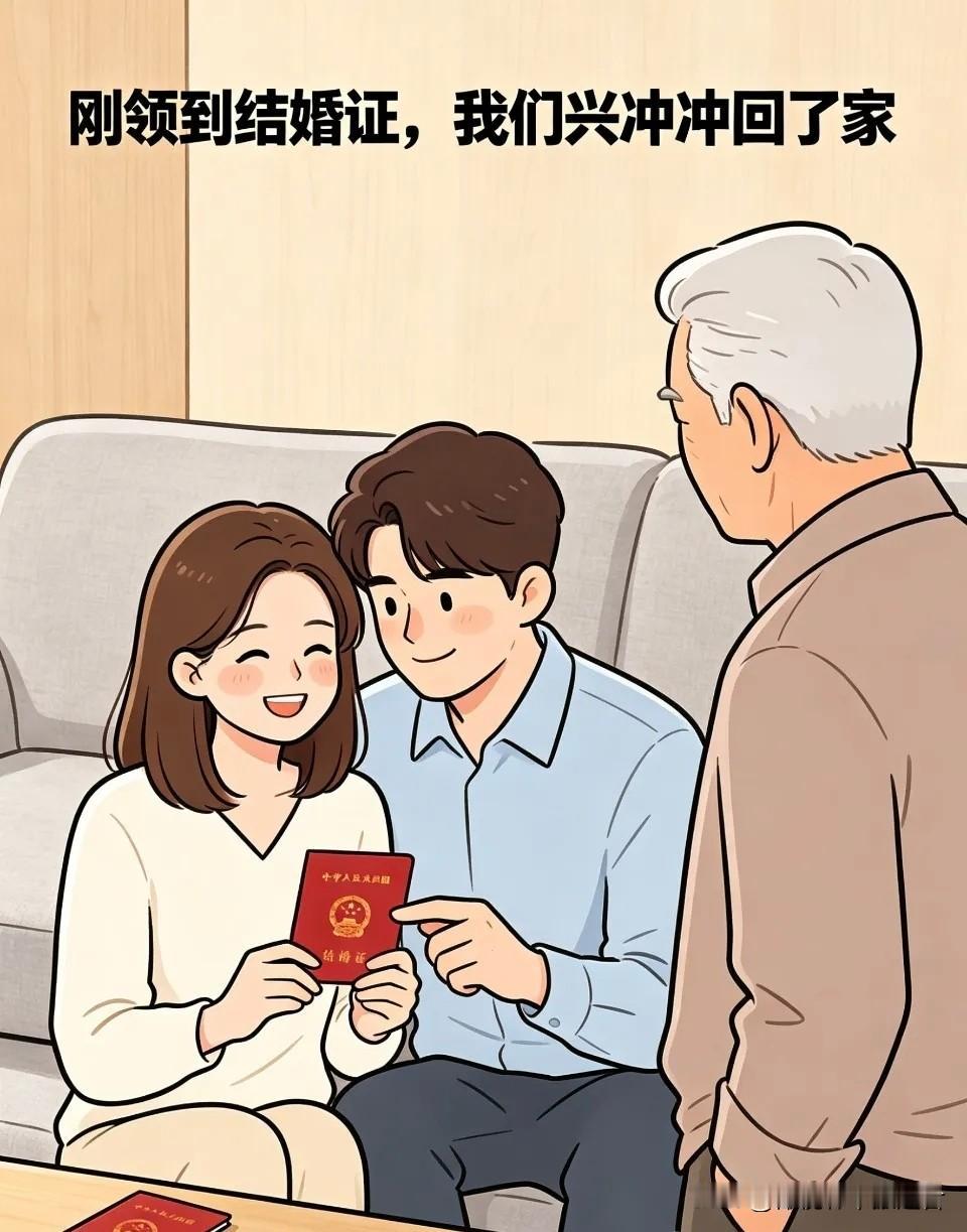 趣味漫画:我和老公刚领完结婚证，兴冲冲回了家！我爸看后说道:咱们国家是承认你们